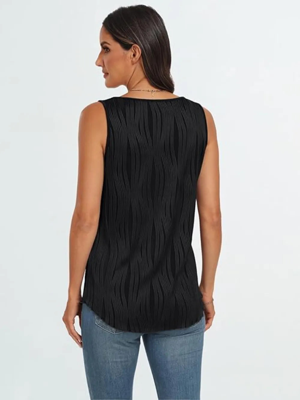Black round-neck wide-strap tank with textured vertical ribbing (back).