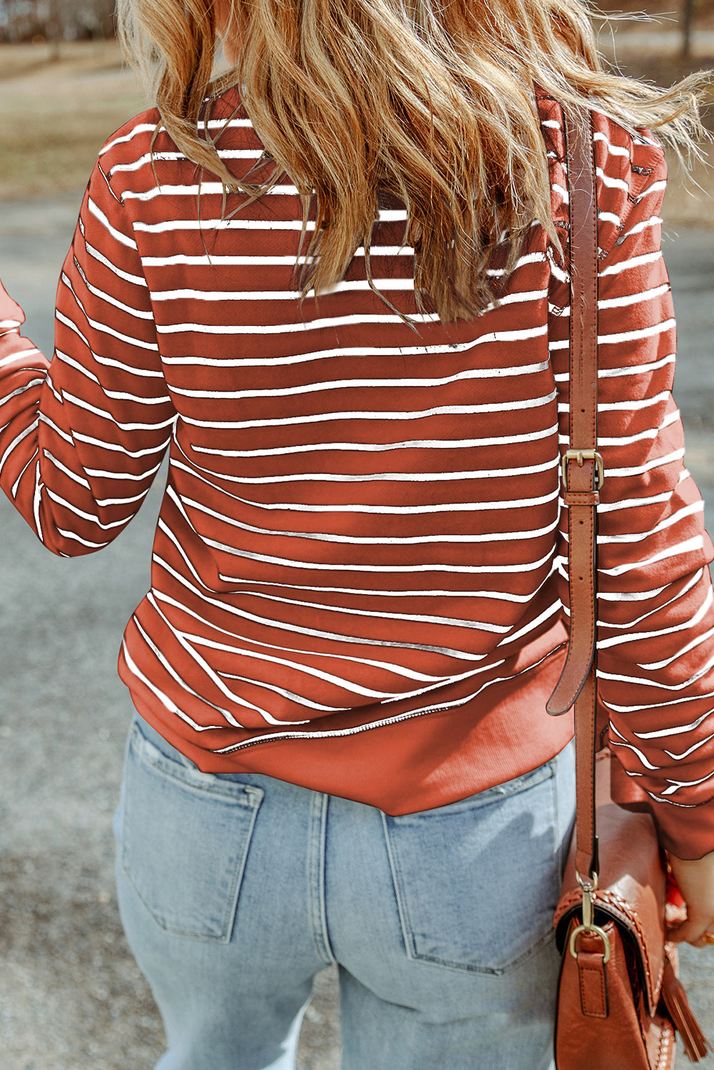 Striped long-sleeve top, rust red and white horizontal stripes, crew back