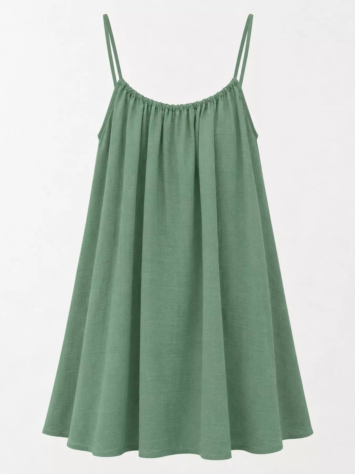 Muted green spaghetti strap mini dress with gathered neckline and flared A-line skirt