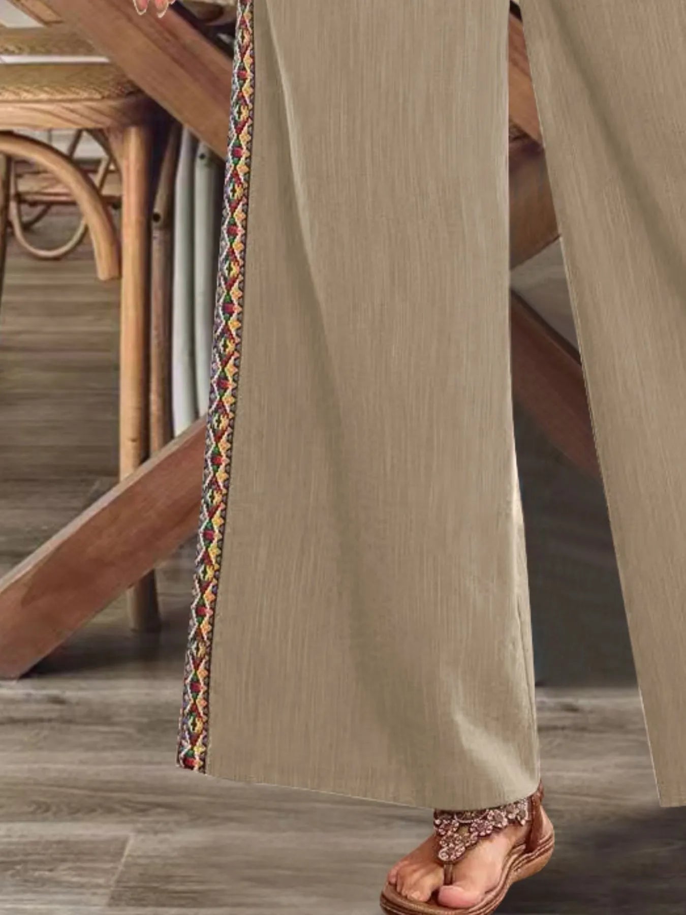 Khaki wide-leg pants with multicolor embroidered side stripe and wide leg