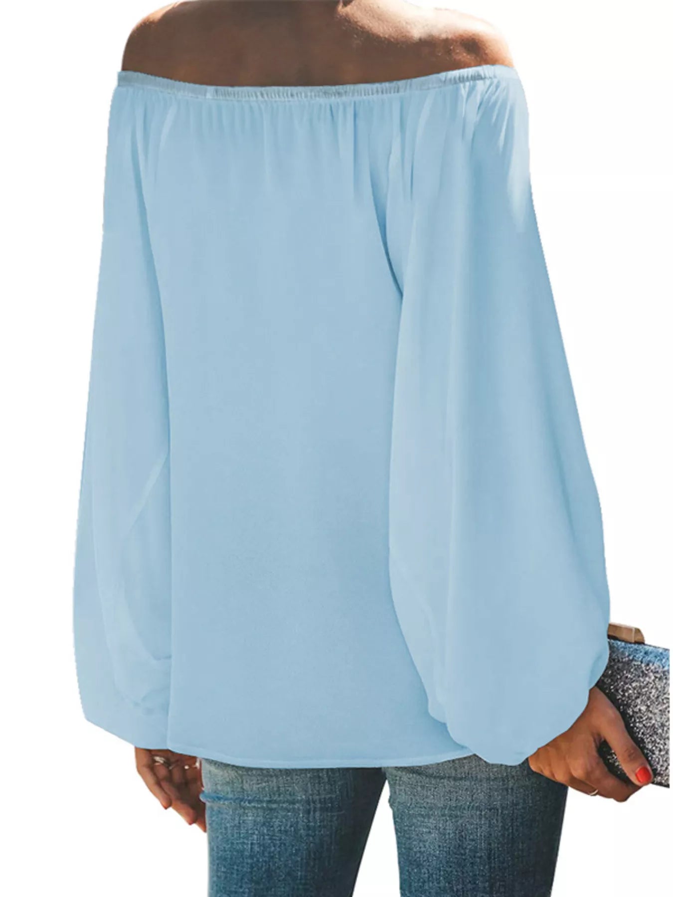 Cedar & Moore full-size off-shoulder balloon-sleeve blouse in light blue, plus size