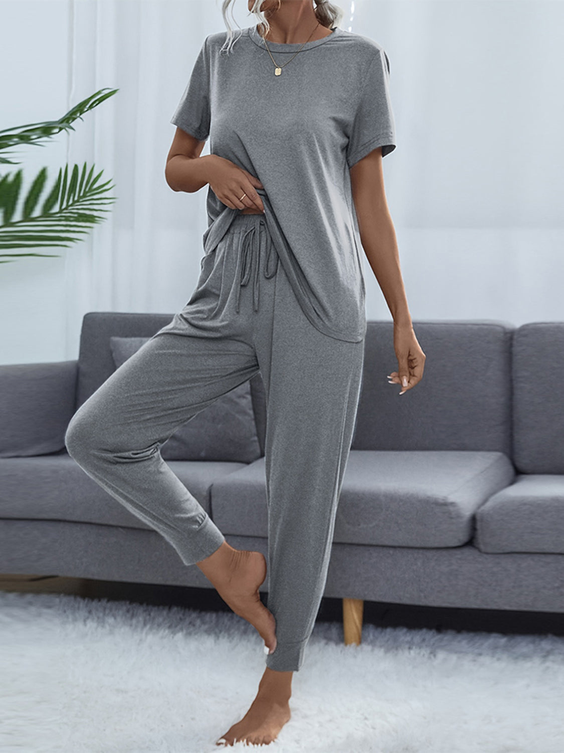 Light gray round-neck short-sleeve top and jogger pants set with drawstring waist