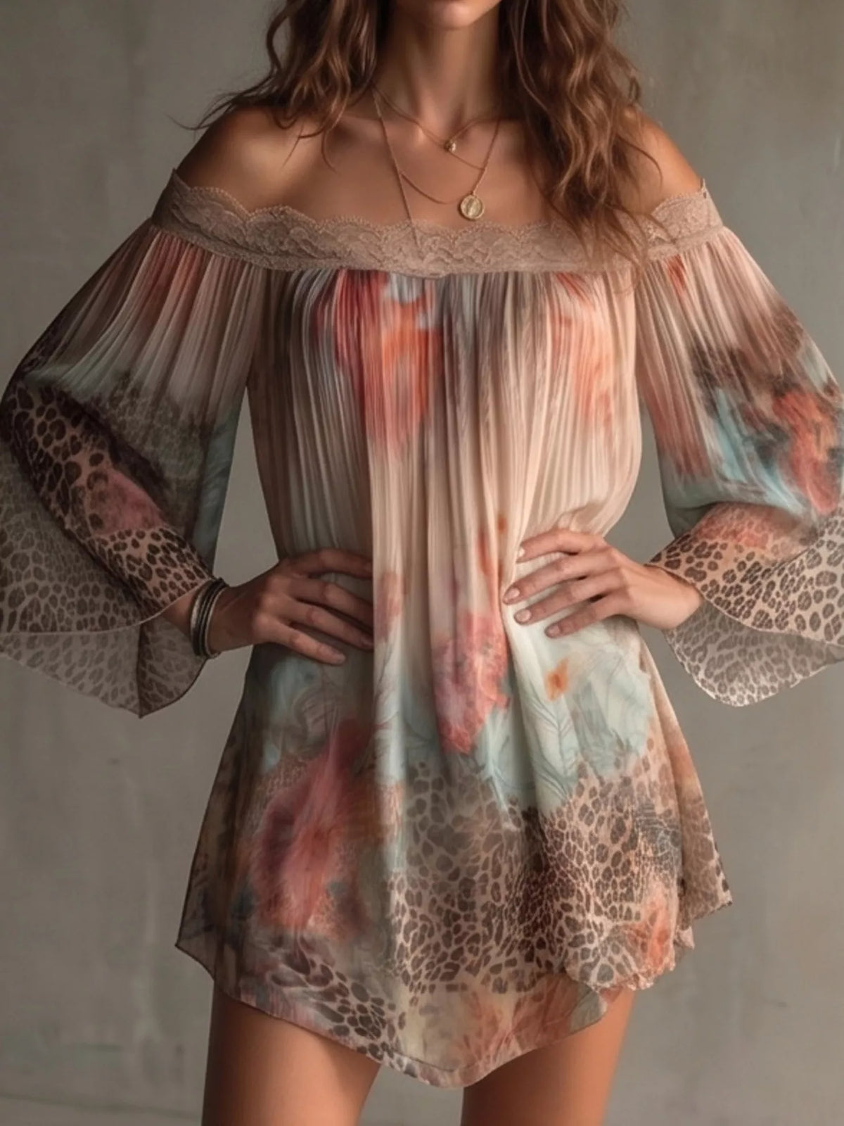 Off-shoulder mini dress with lace neckline and flared sleeves in floral leopard print
