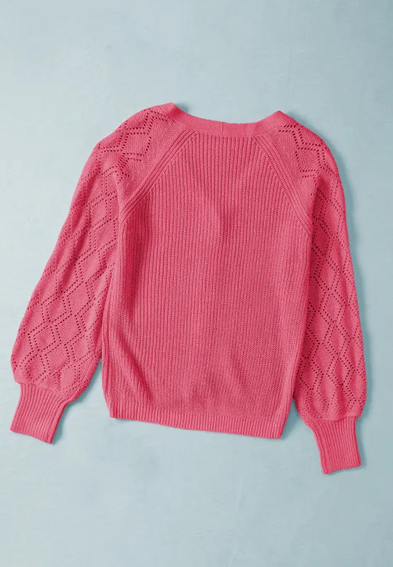 Openwork V-neck cardigan, hot pink knit with long sleeves and button front