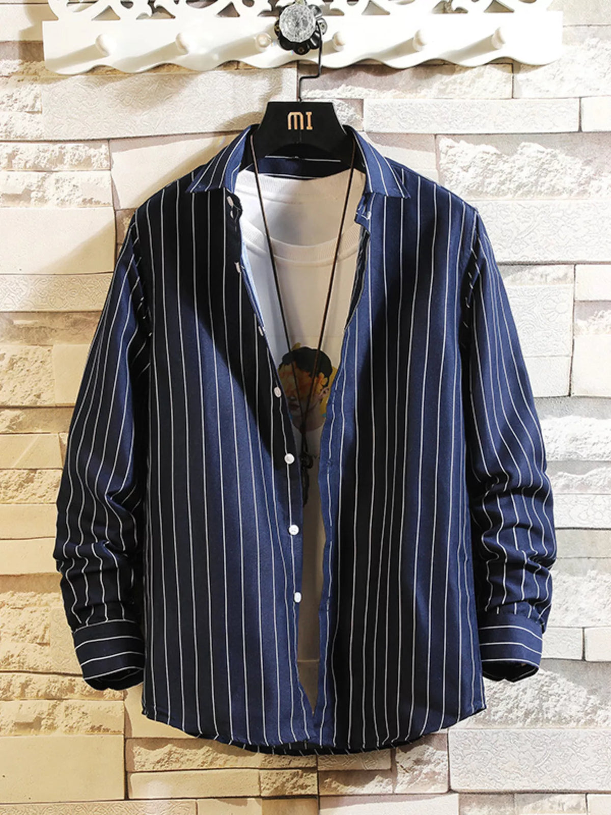 Men's striped casual button-up shirt in deep navy with thin white vertical stripes