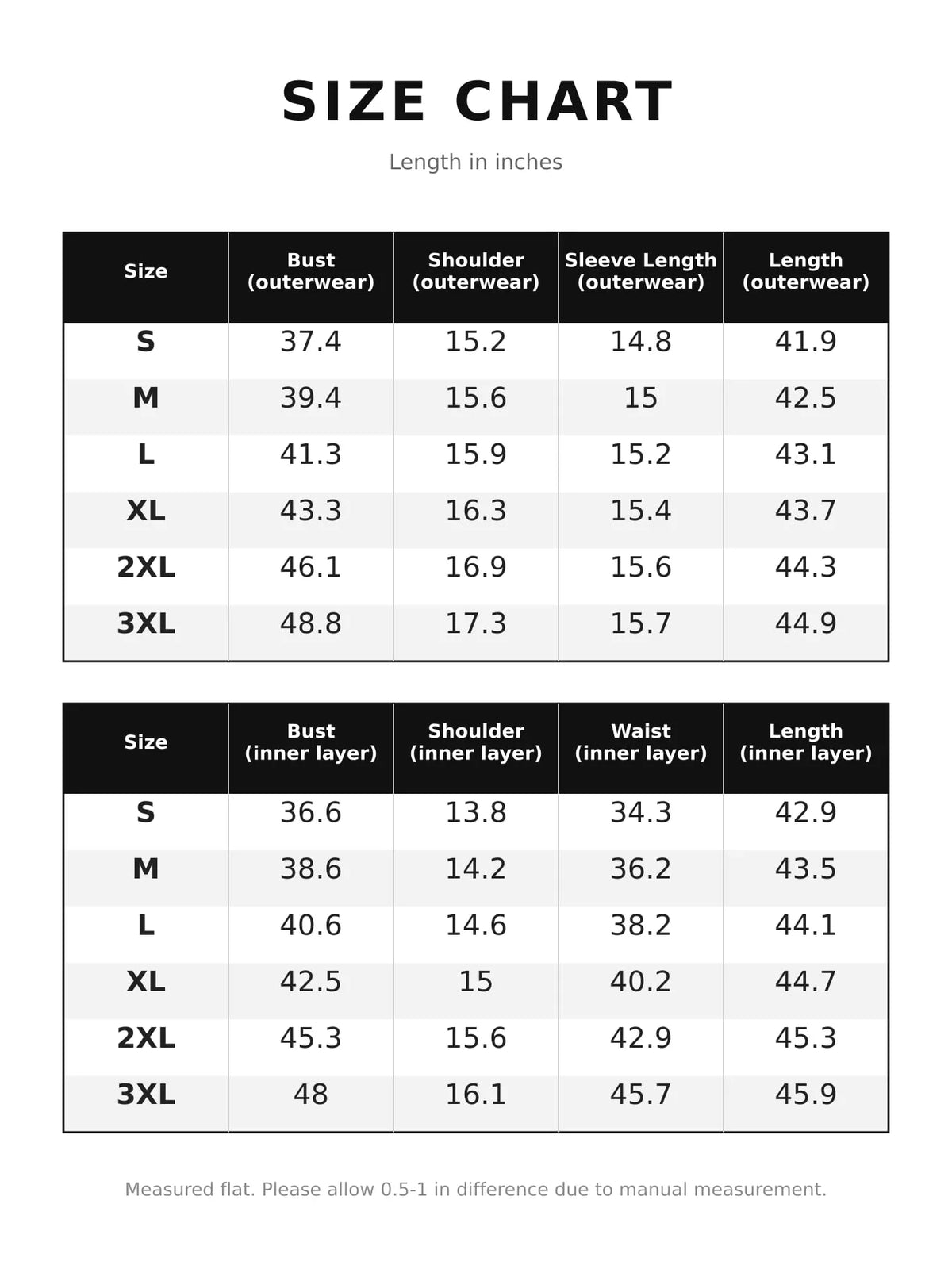 Size chart for floral print dress and chiffon cardigan set with length and bust measurements