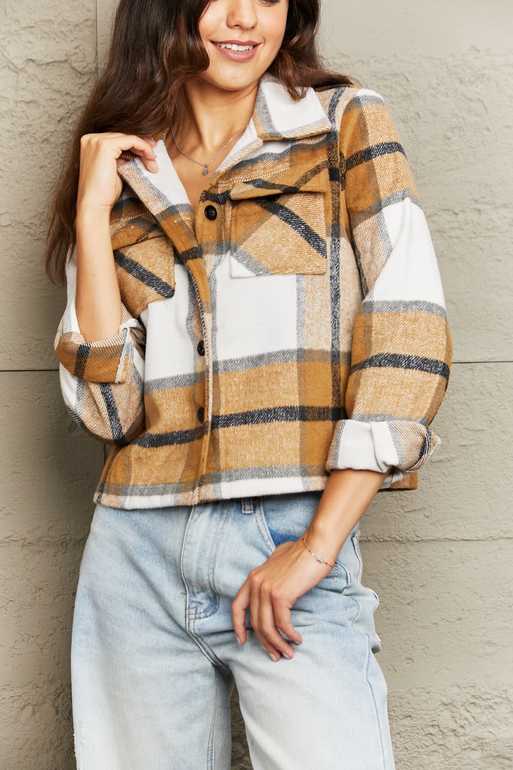 Camel plaid collared jacket with button front and fleece-trim collar, chest pockets