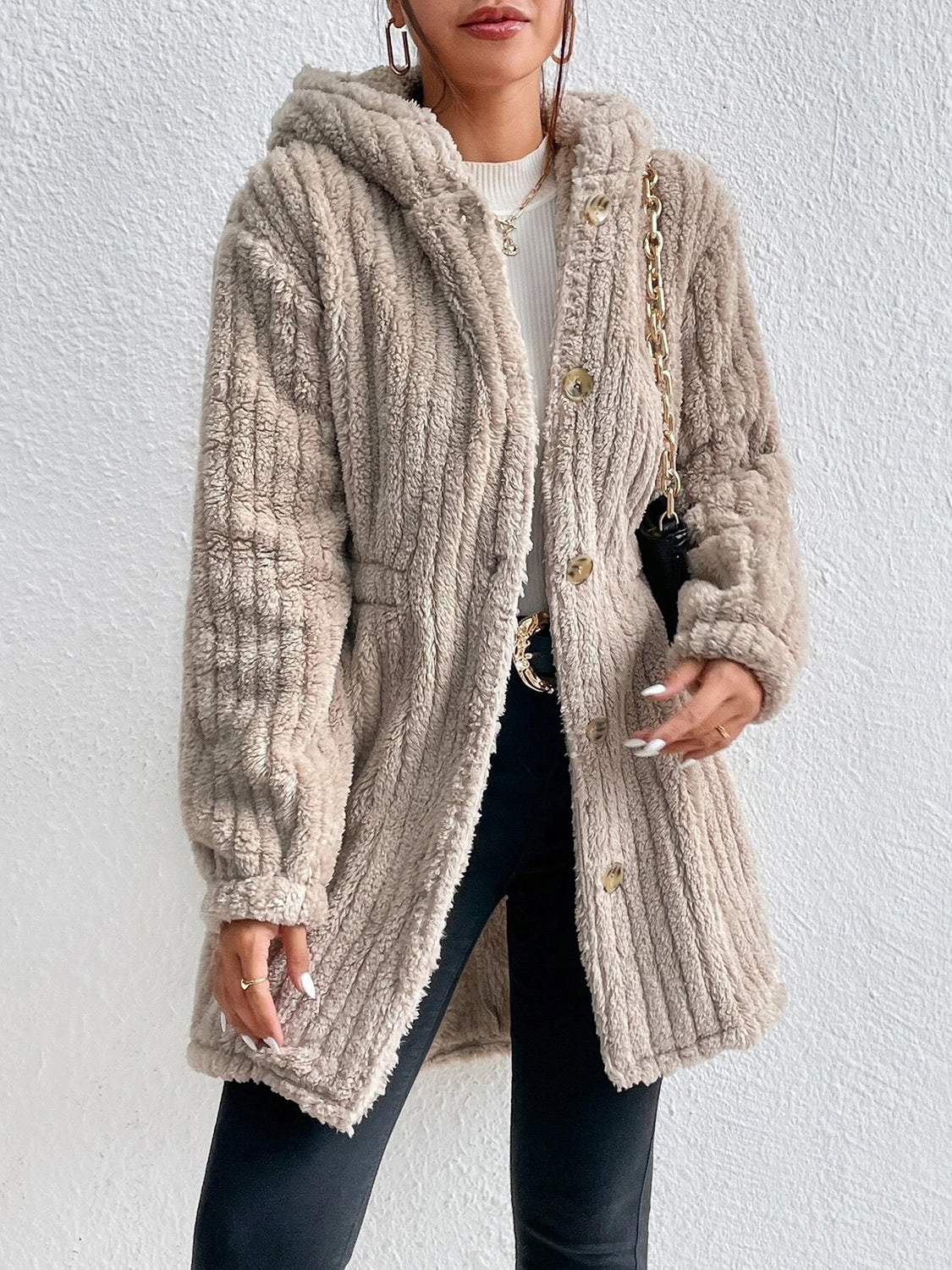 Cream button-front hooded coat, textured knit with gold buttons, long sleeves
