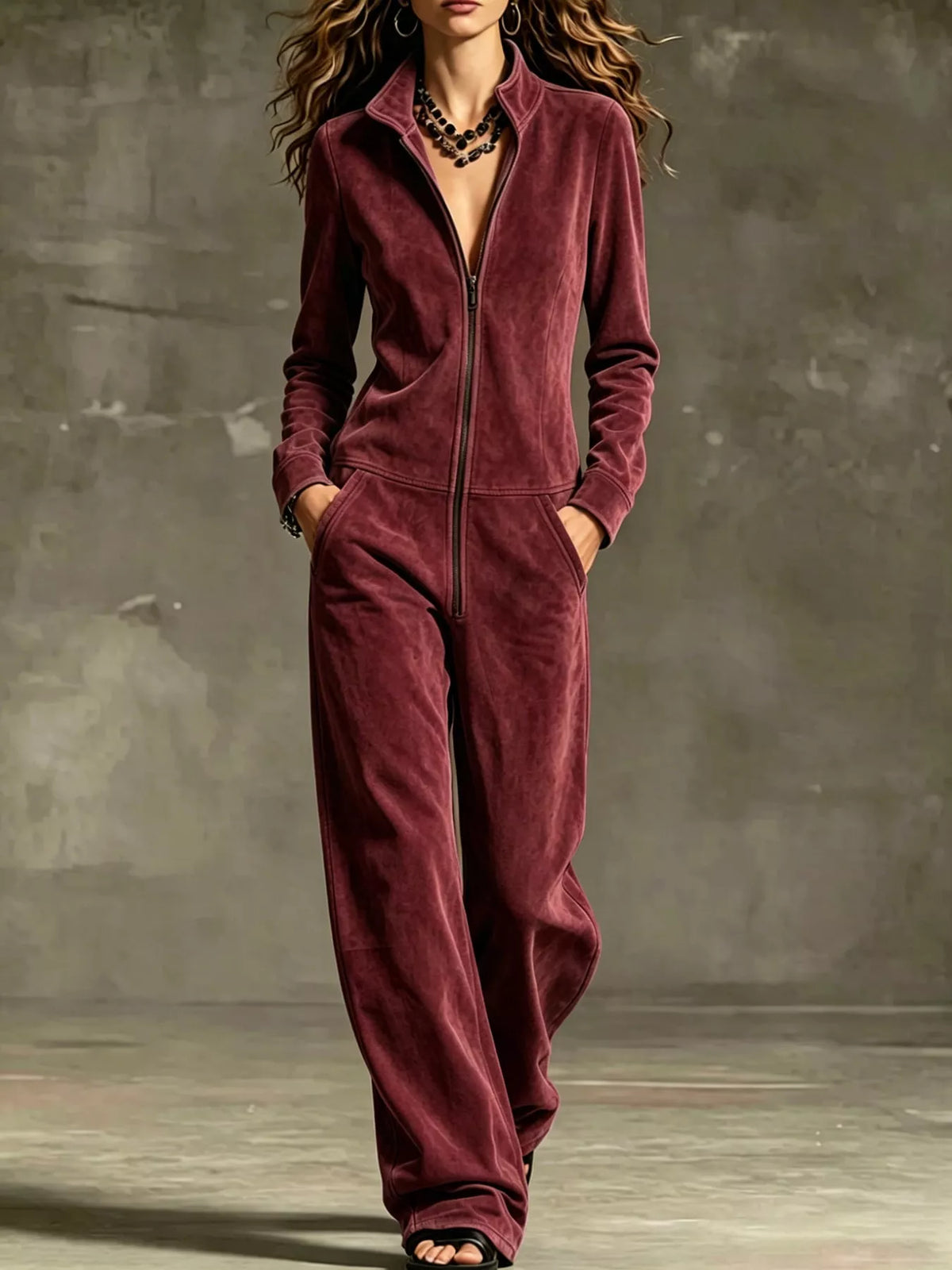 Wine red velour zip-up jumpsuit with pockets, long sleeves, and wide-leg pants