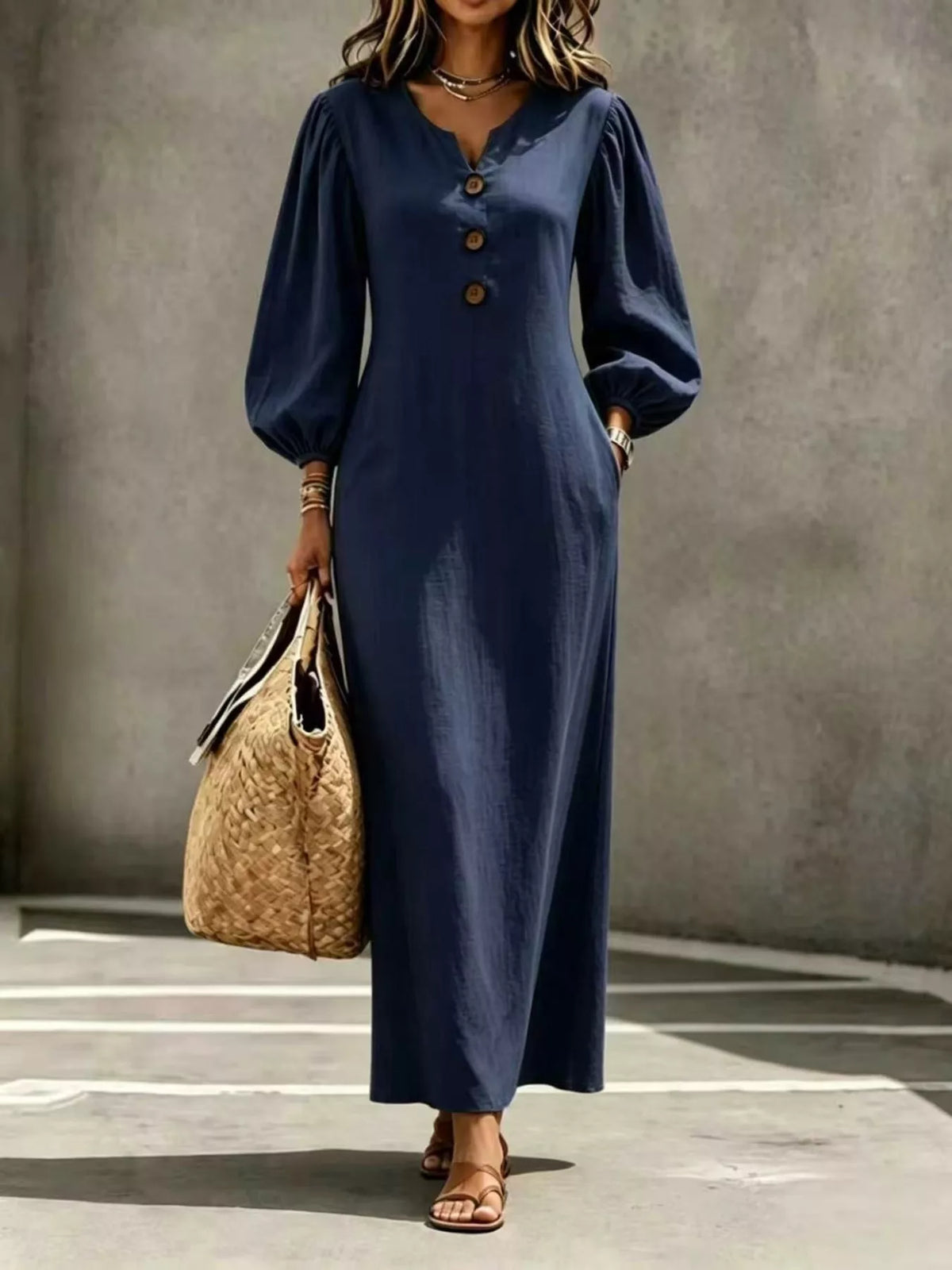 Navy button-front maxi dress with balloon sleeves and gathered cuffs