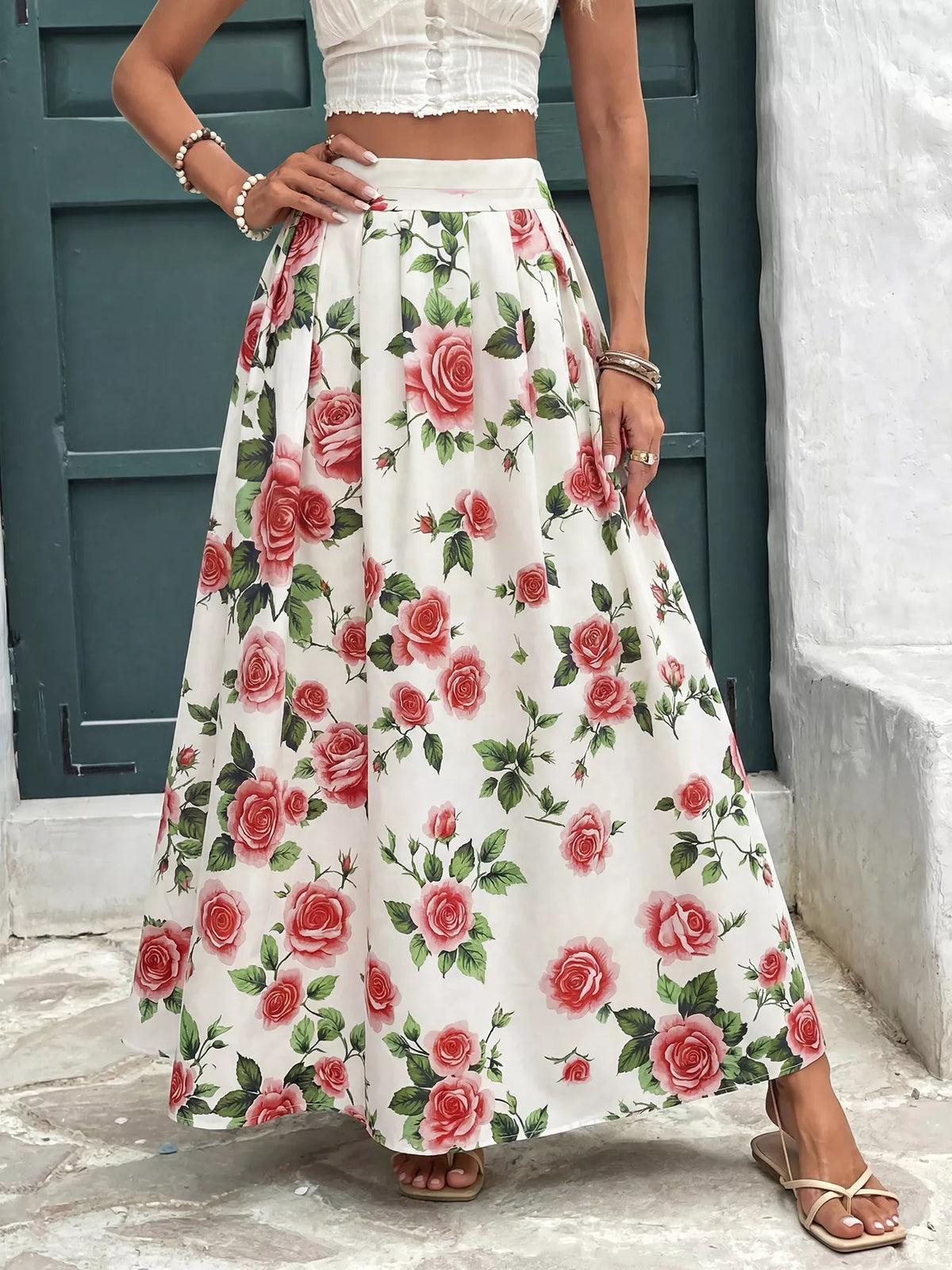 Floral rose print flowy skirt, white with red roses and green leaves