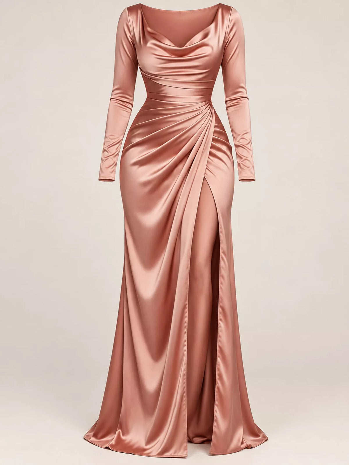 Rose gold satin cowl neck evening maxi dress with long sleeves and high slit
