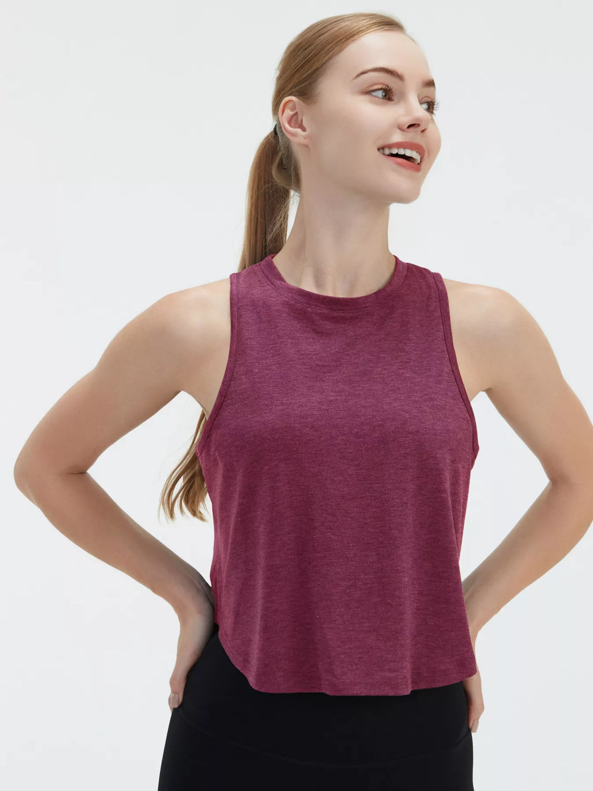Burgundy lightweight active stretch tank with crew neck and sleeveless fit