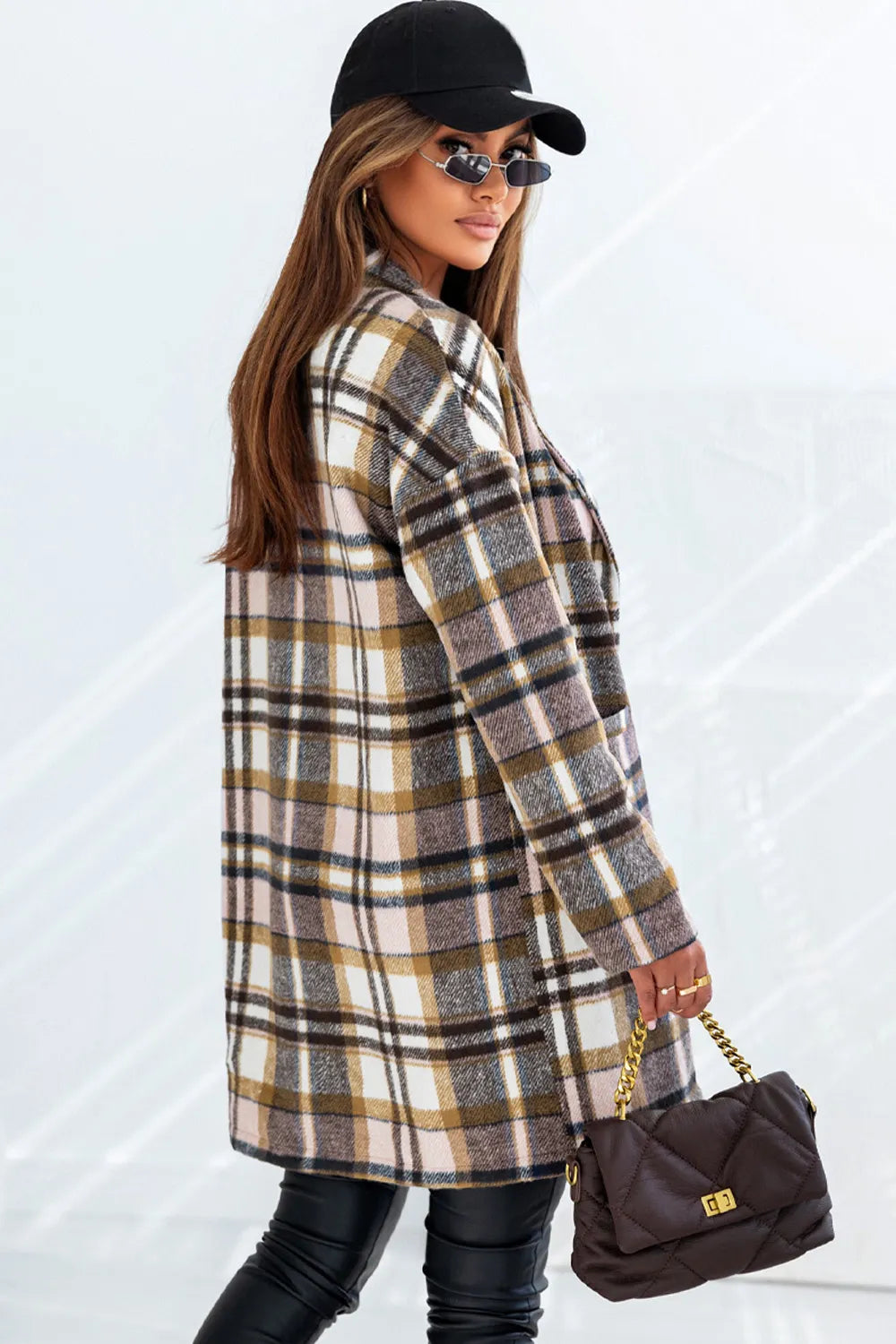 Plaid longline jacket with long sleeves, open front, beige navy and orange check, side pockets