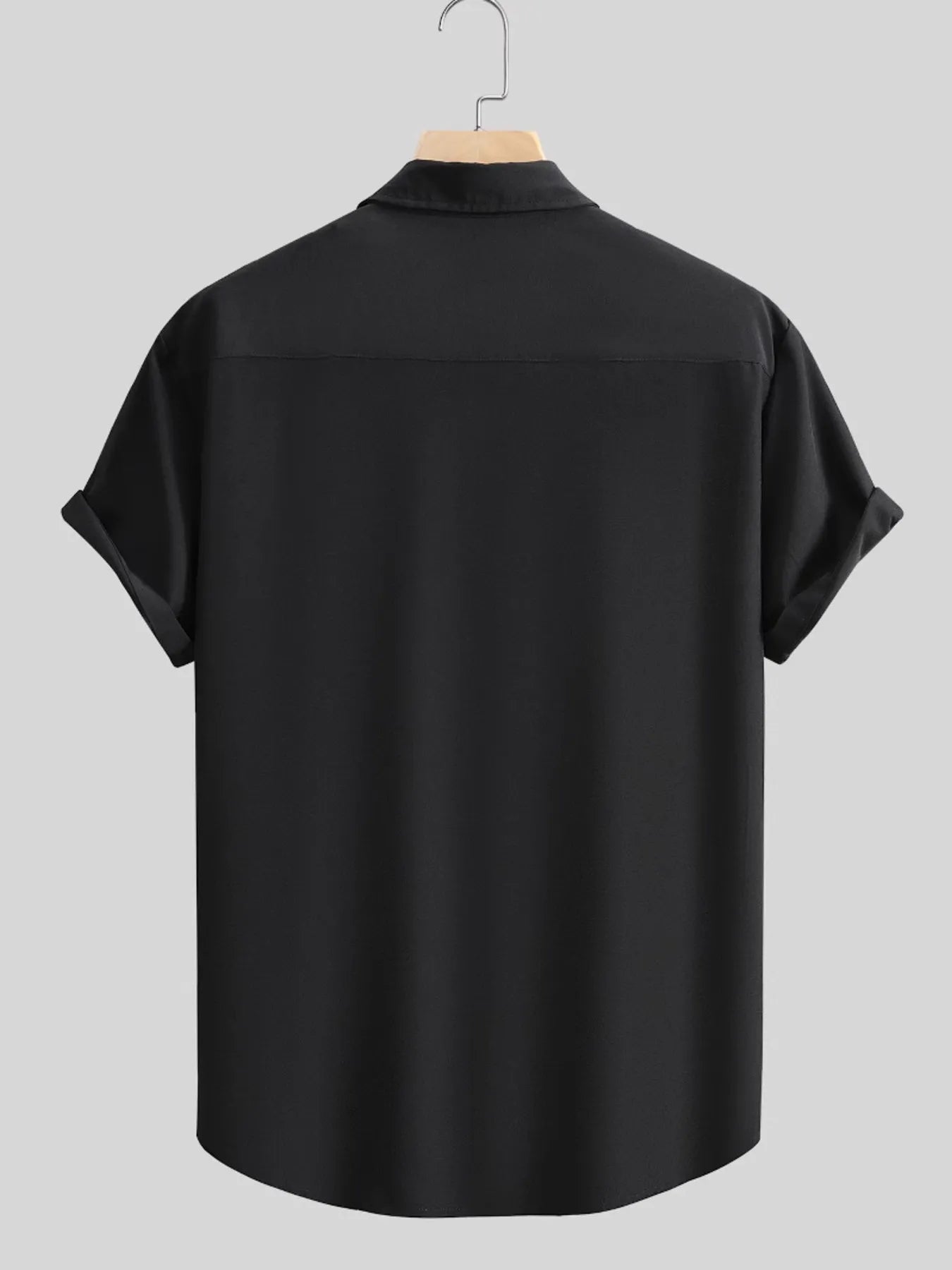 Black short-sleeve button-up shirt, back view with yoke and collar