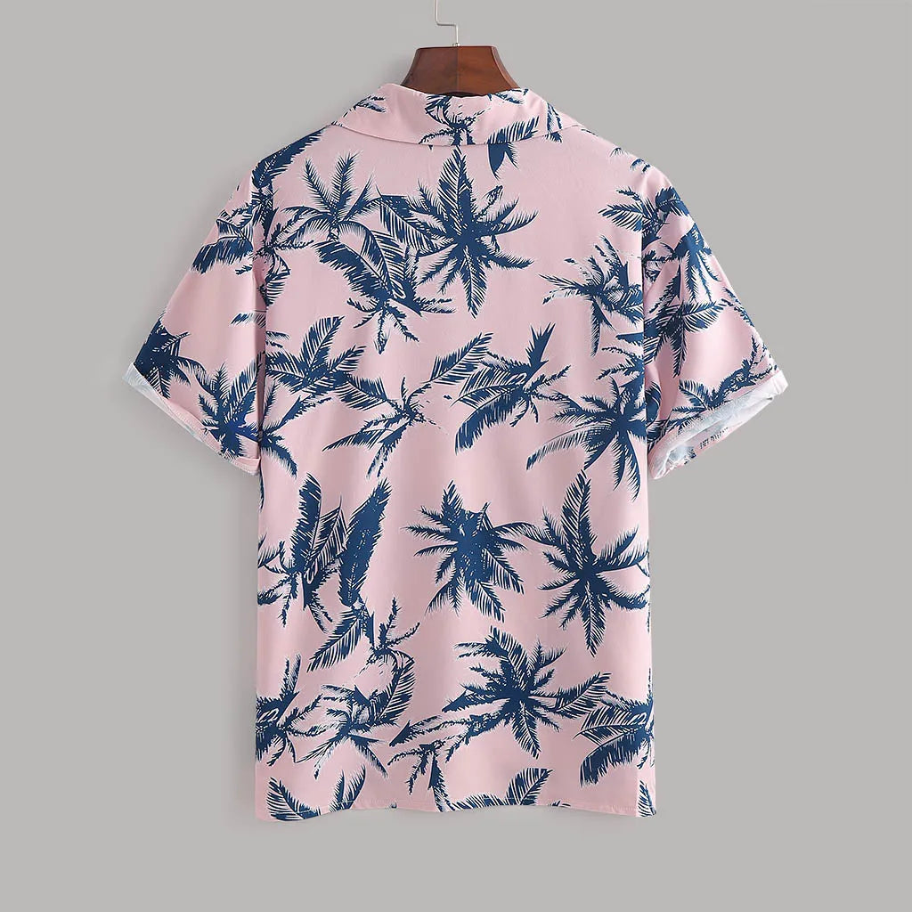 Pink tropical print short-sleeve button-up shirt, back view