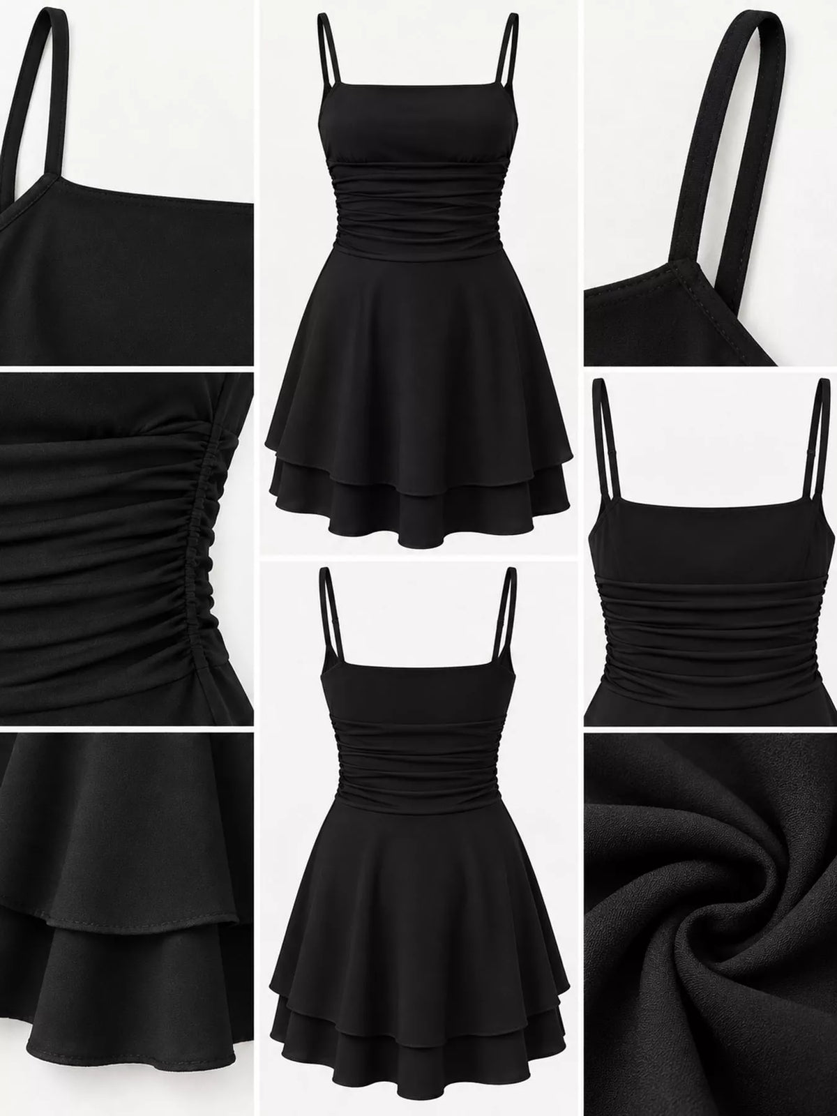 Black ruched spaghetti-strap mini dress details collage: front, side, and fabric close-up