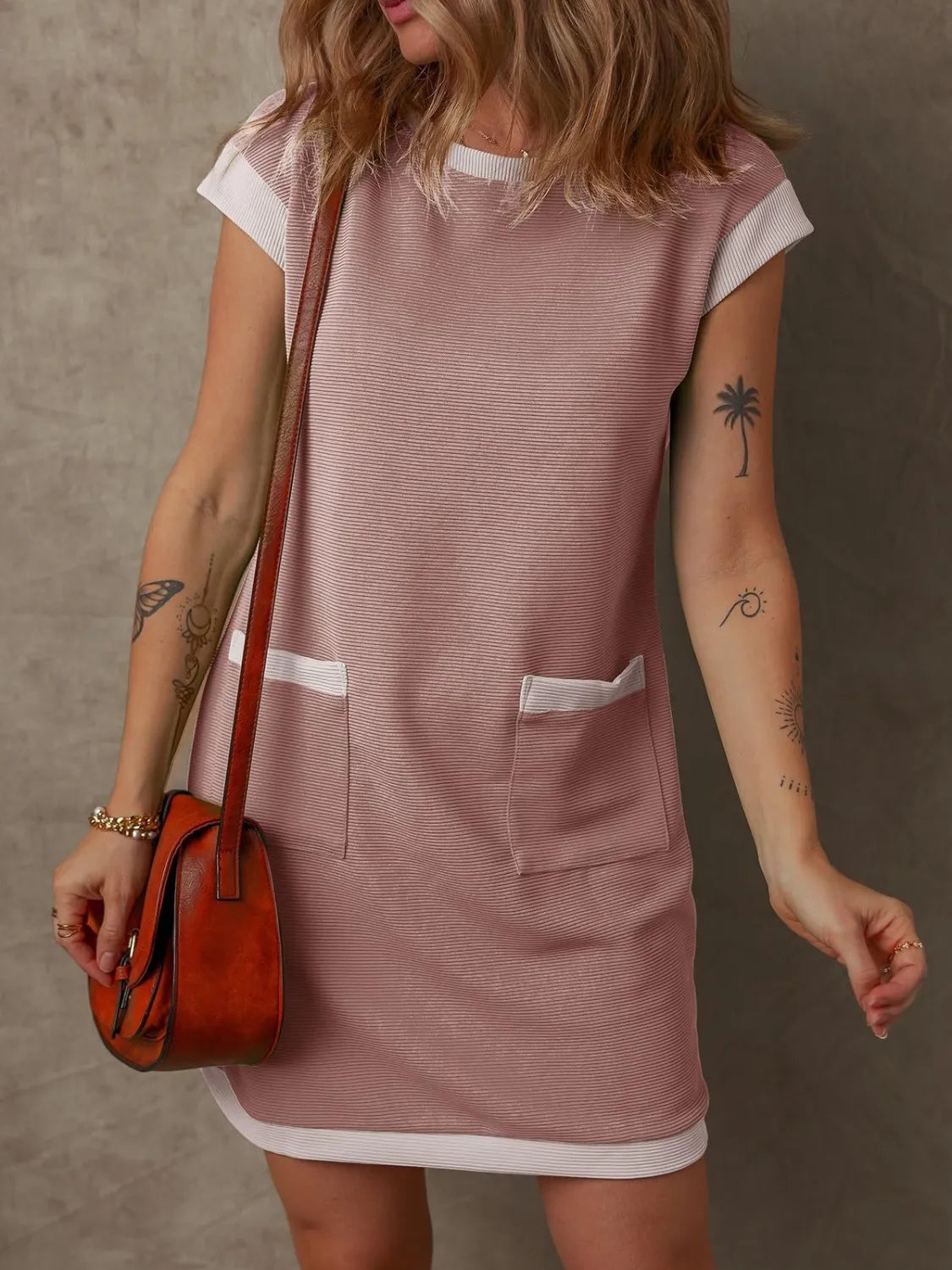 Trendsi pink round-neck cap-sleeve mini dress with white-trim pockets