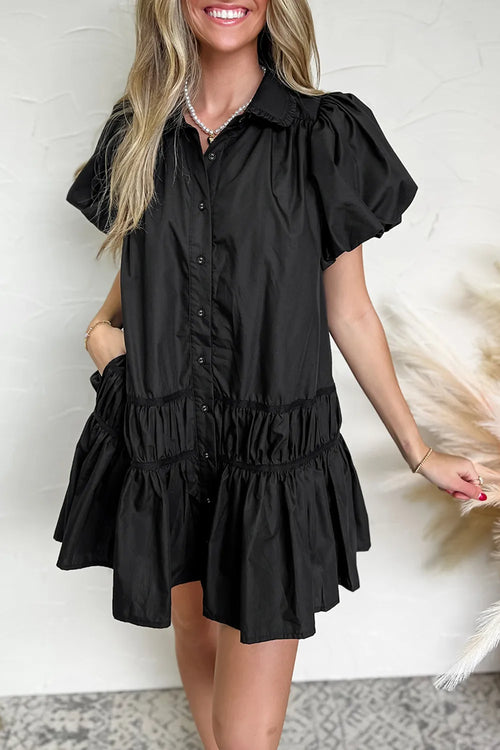 Black button-down puff sleeve ruffle hem dress with gathered tiered skirt