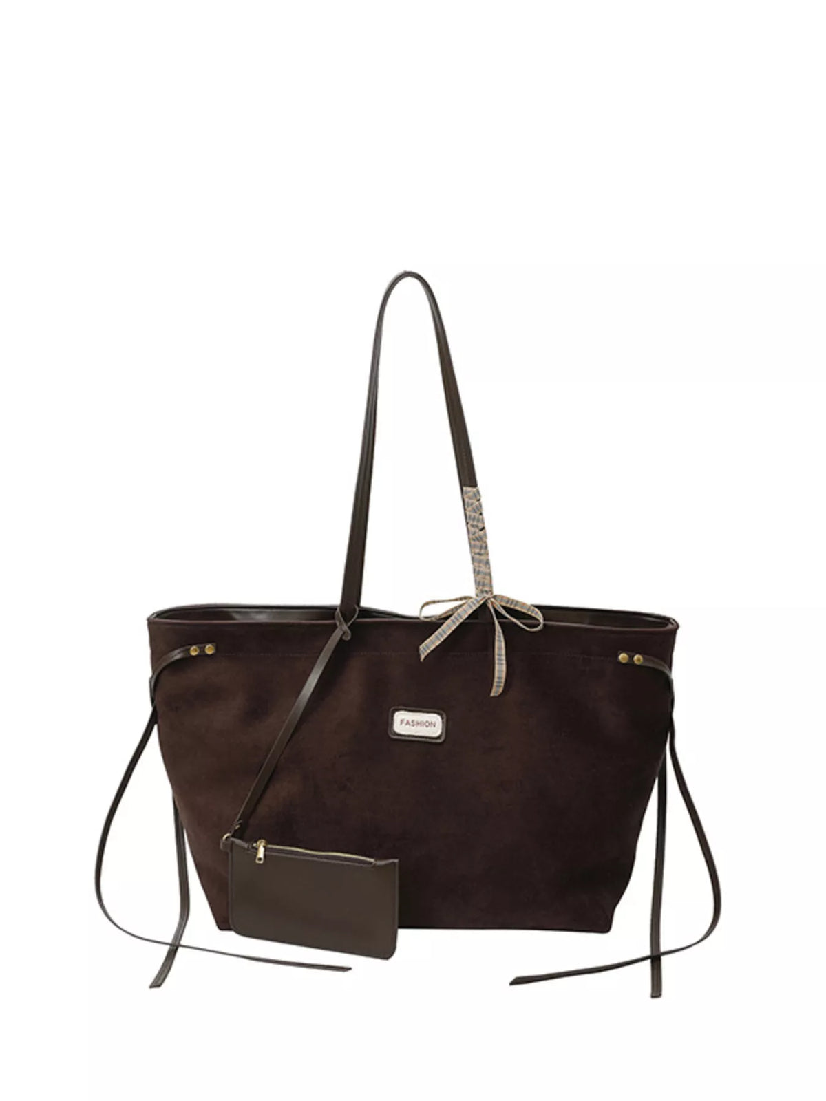 Chocolate suede large tote bag with handles, drawstring tie, and front pouch