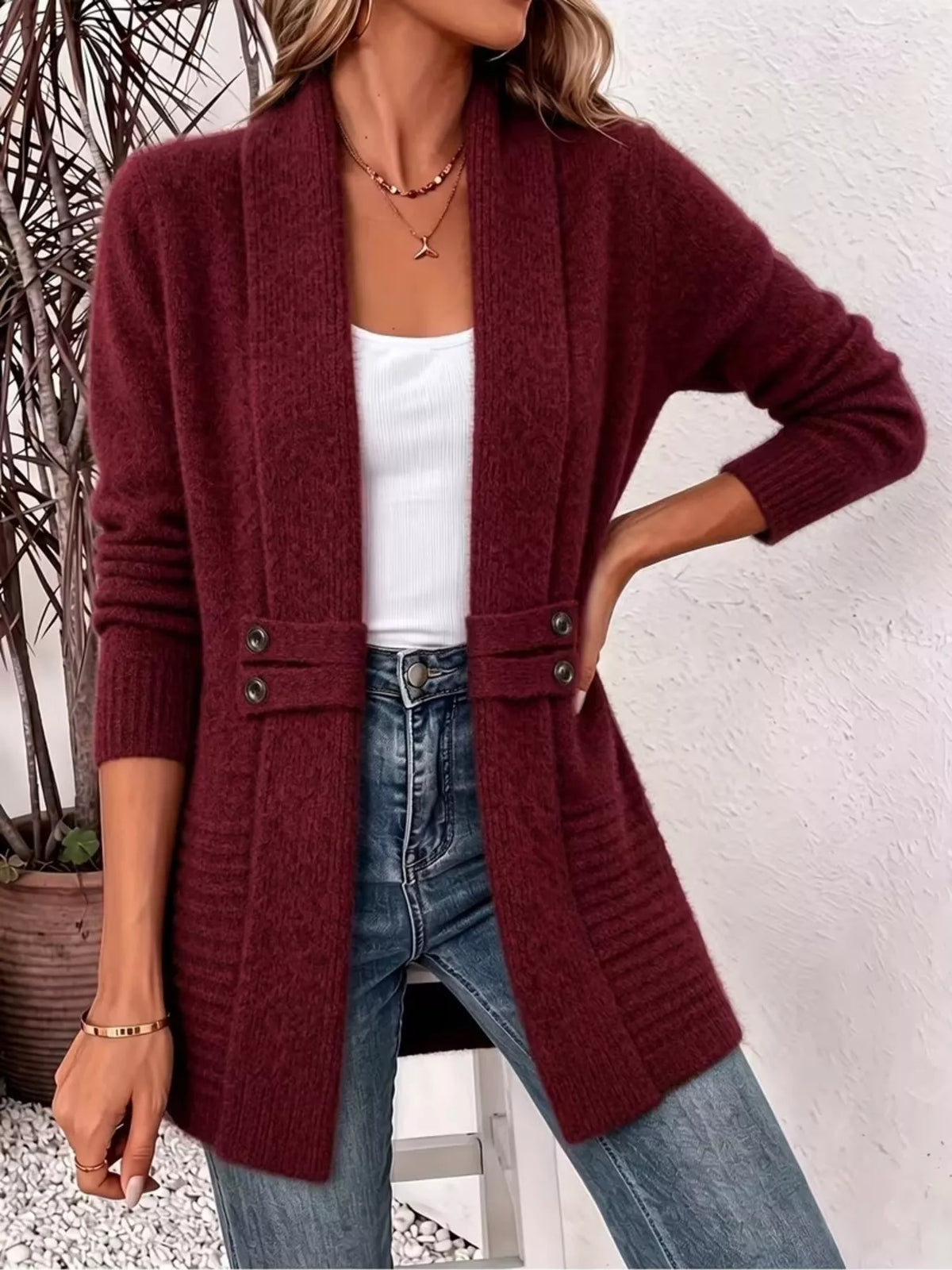 Ribbed open-front long sleeve cardigan, burgundy with button front