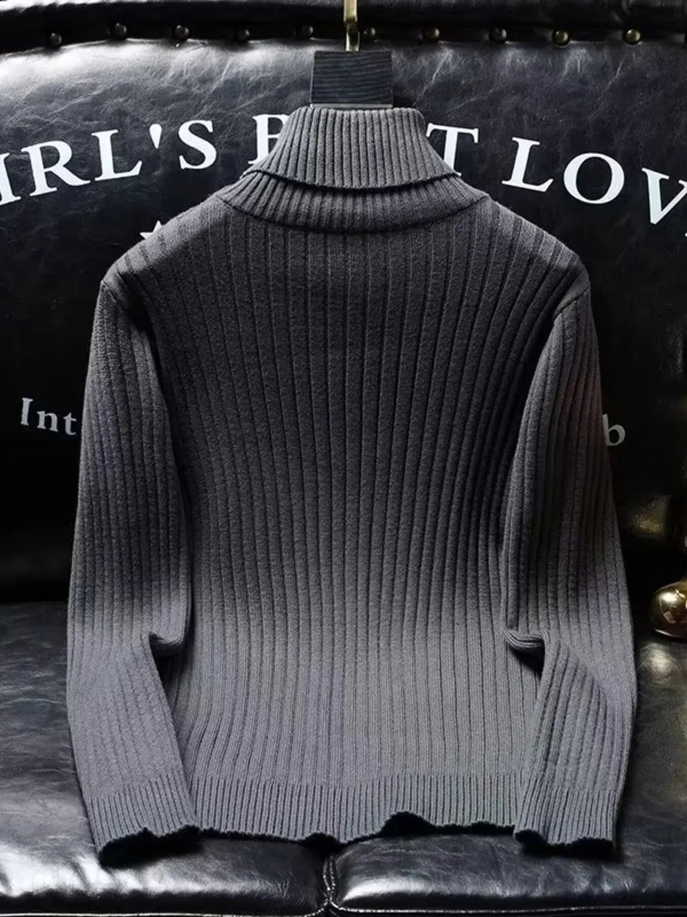 Ribbed turtleneck long sleeve sweater, dark gray back view
