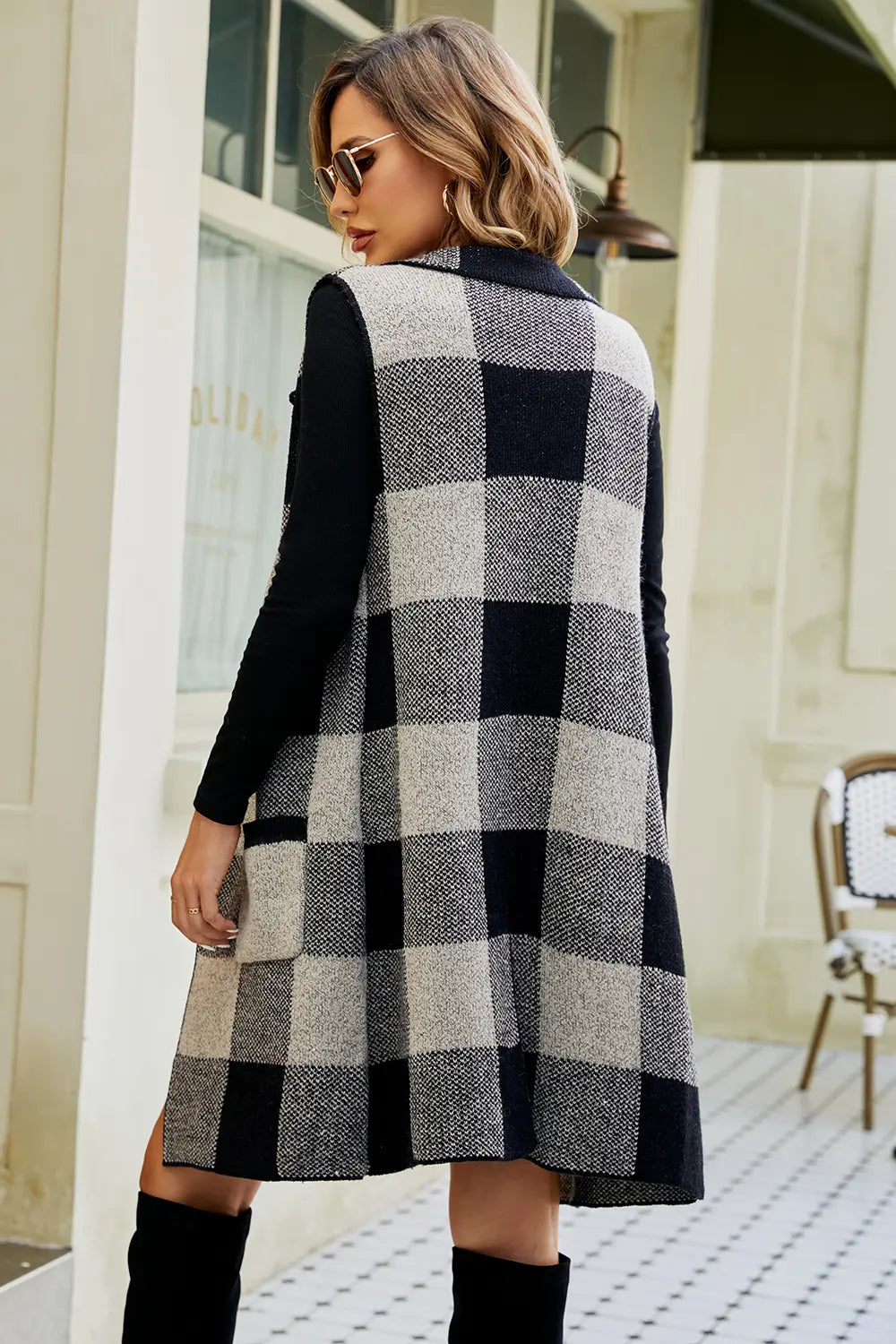 Plaid open-front cardigan with pockets, back view, black and gray checker blocks