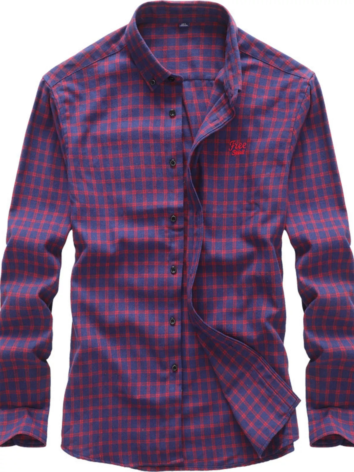Men's plaid button-down cotton shirt, red check, button front