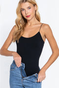 Black ribbed seamless cami bodysuit, scoop neck with spaghetti straps
