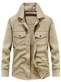 Men's khaki cotton shirt jacket with dual chest flap pockets and button front