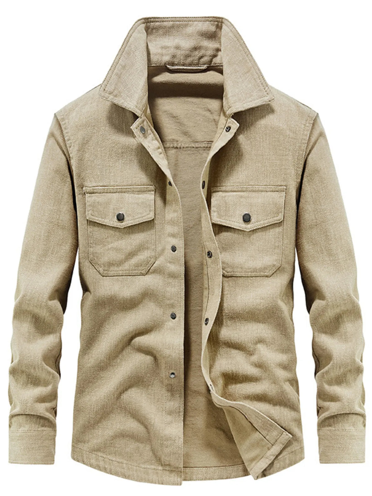 Men's khaki cotton shirt jacket with dual chest flap pockets and button front