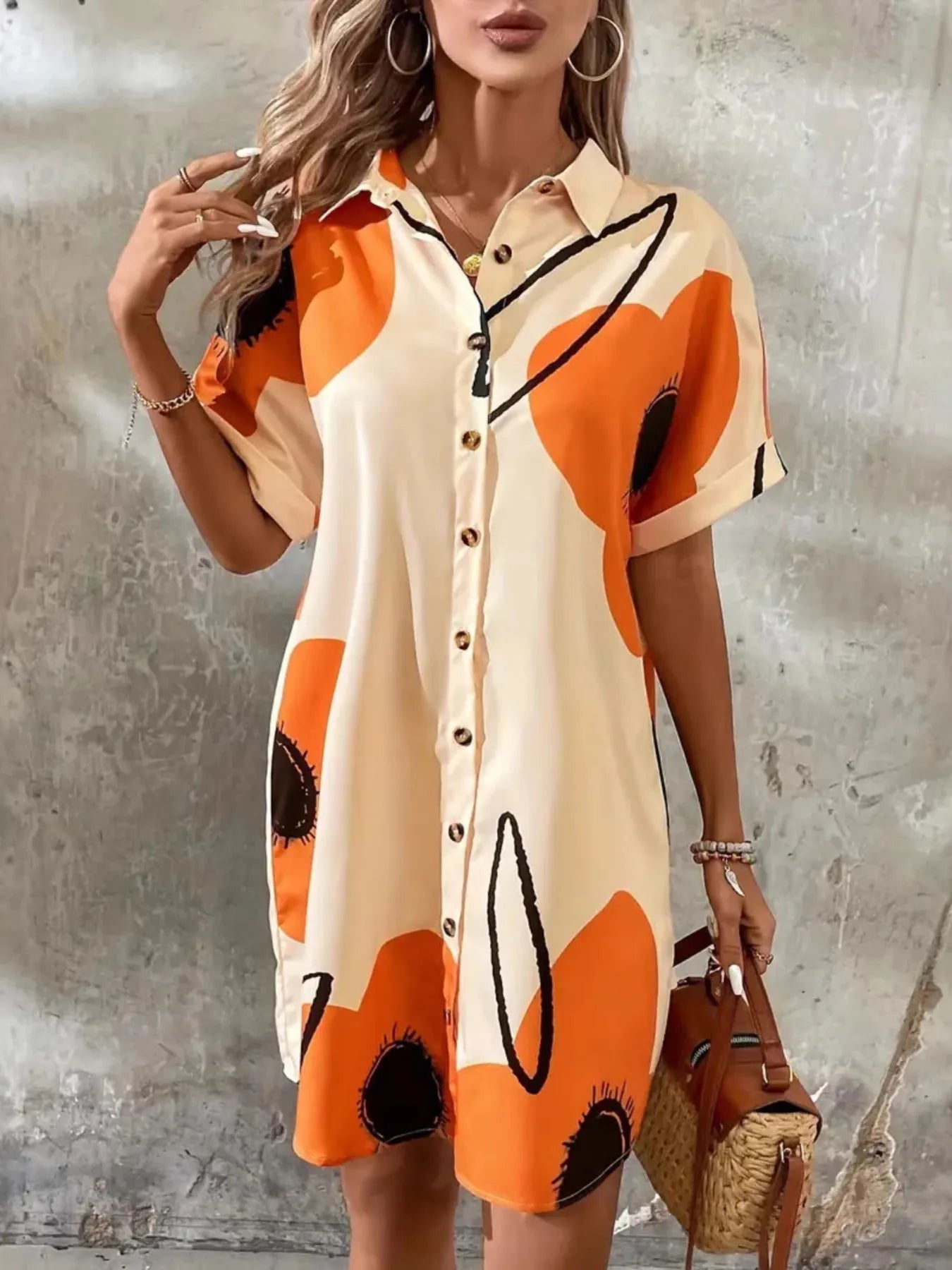 Trendsi Printed Button-Front Shirt Dress in beige with orange abstract print, short sleeves
