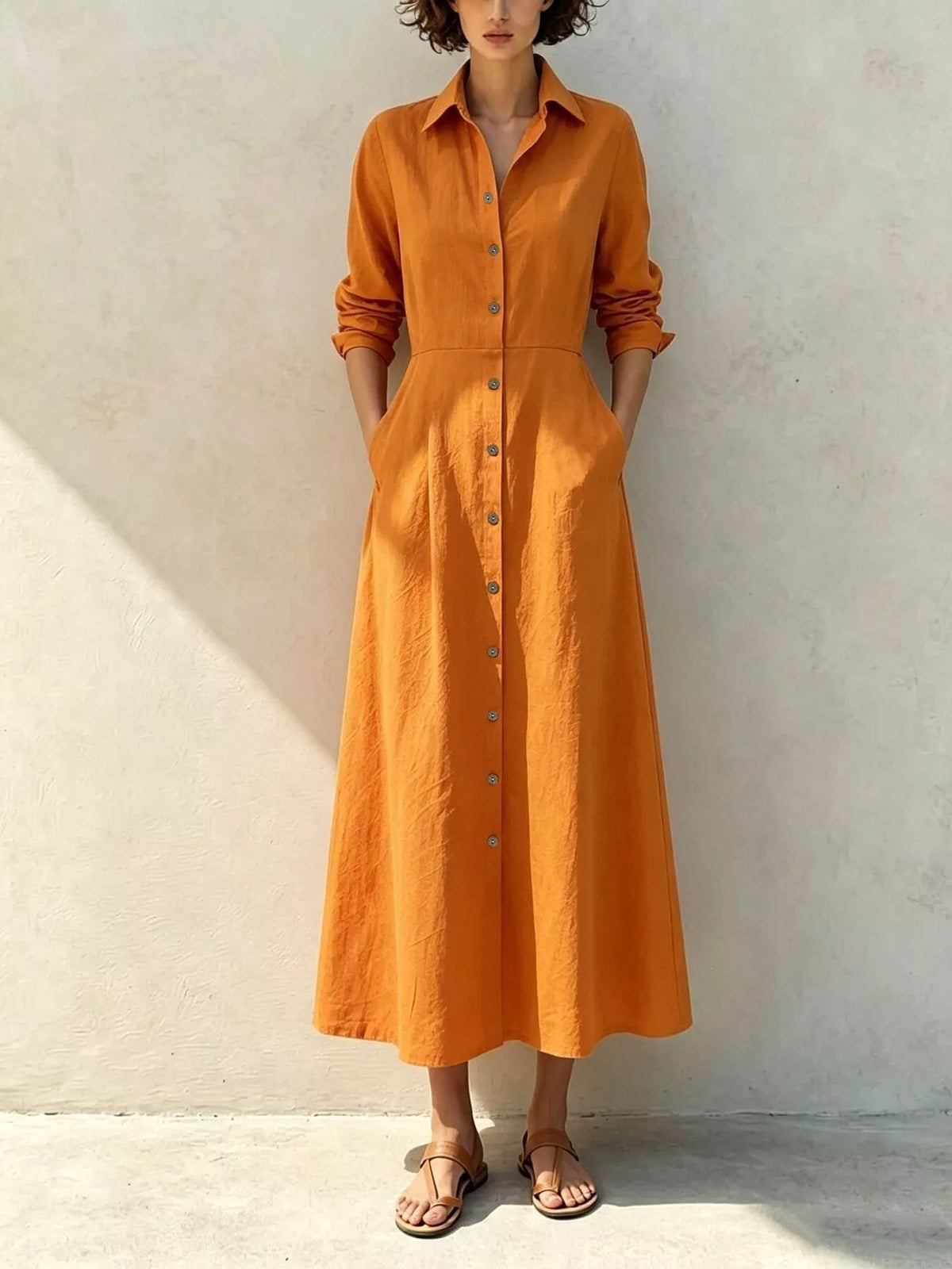 Tangerine button-front midi shirt dress with belt and side pockets