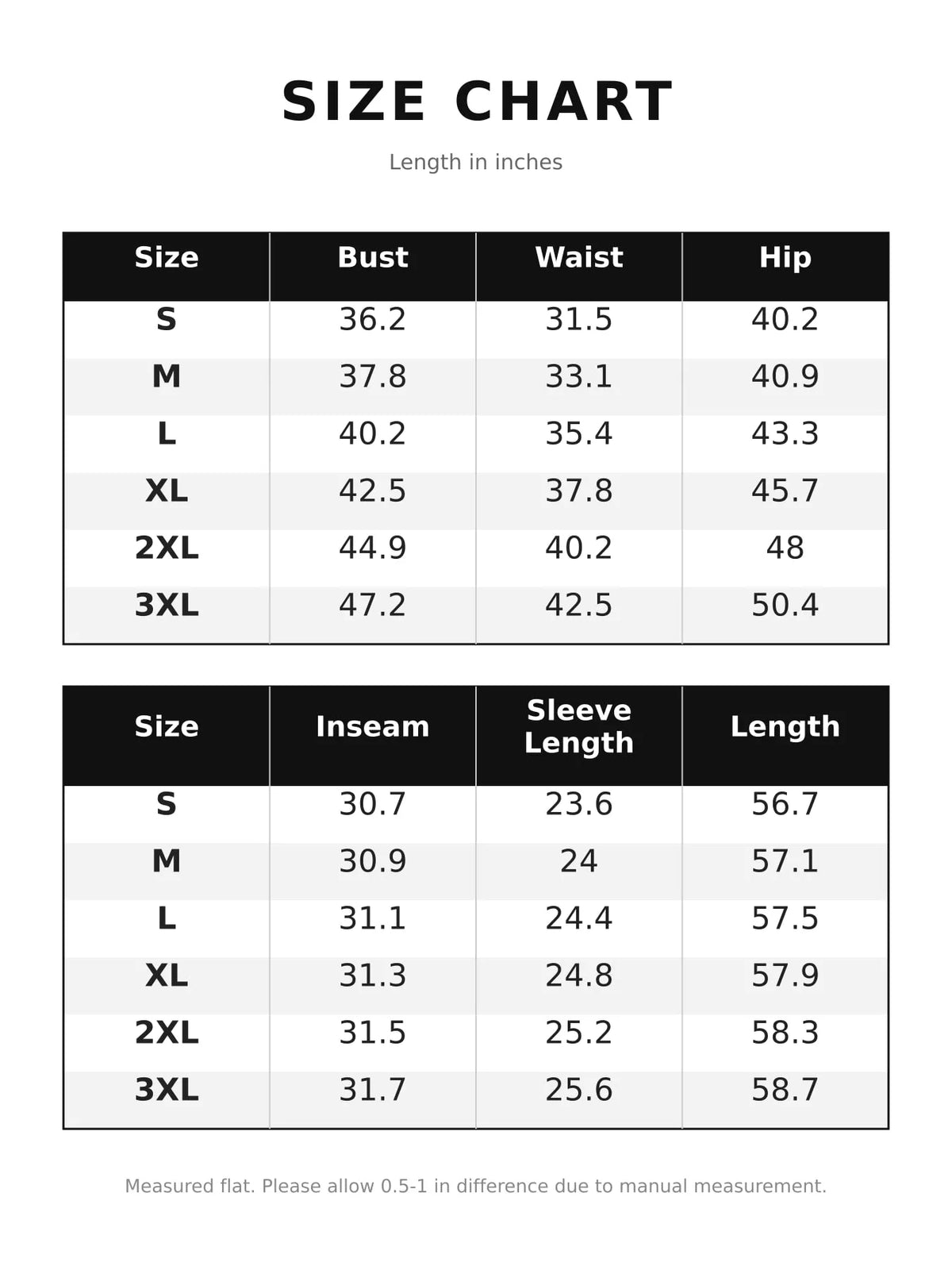 Size chart table for velour zip-up jumpsuit with length measurements in inches