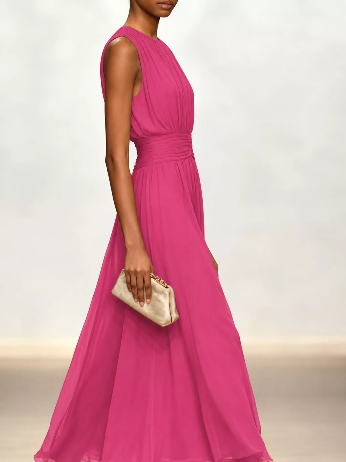 Pink sleeveless ruched chiffon maxi dress with side gathers and flowing hem