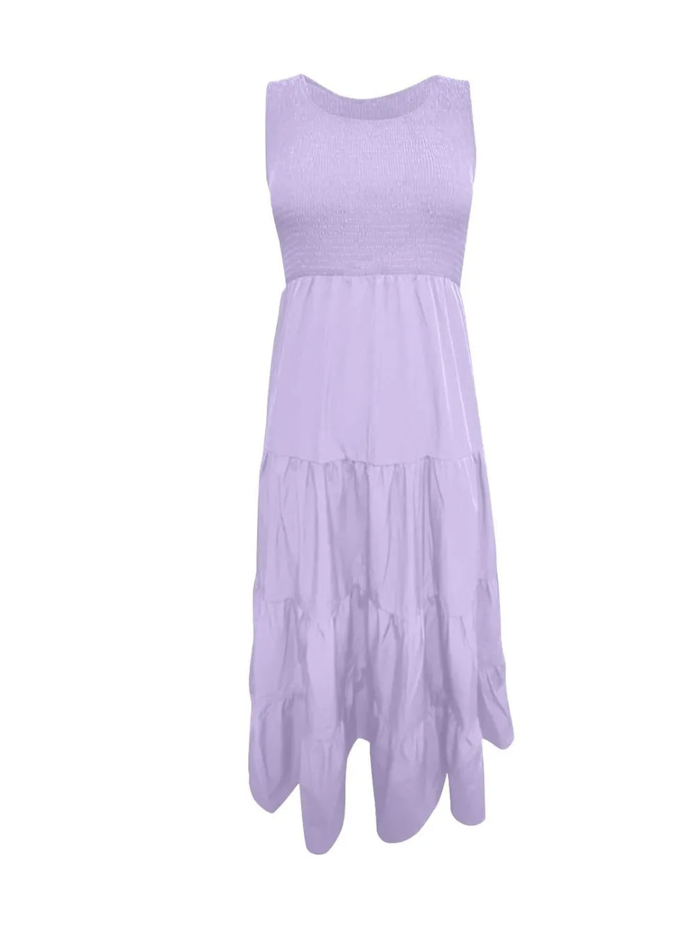 Lavender tiered smocked wide strap dress with gathered tiered skirt.