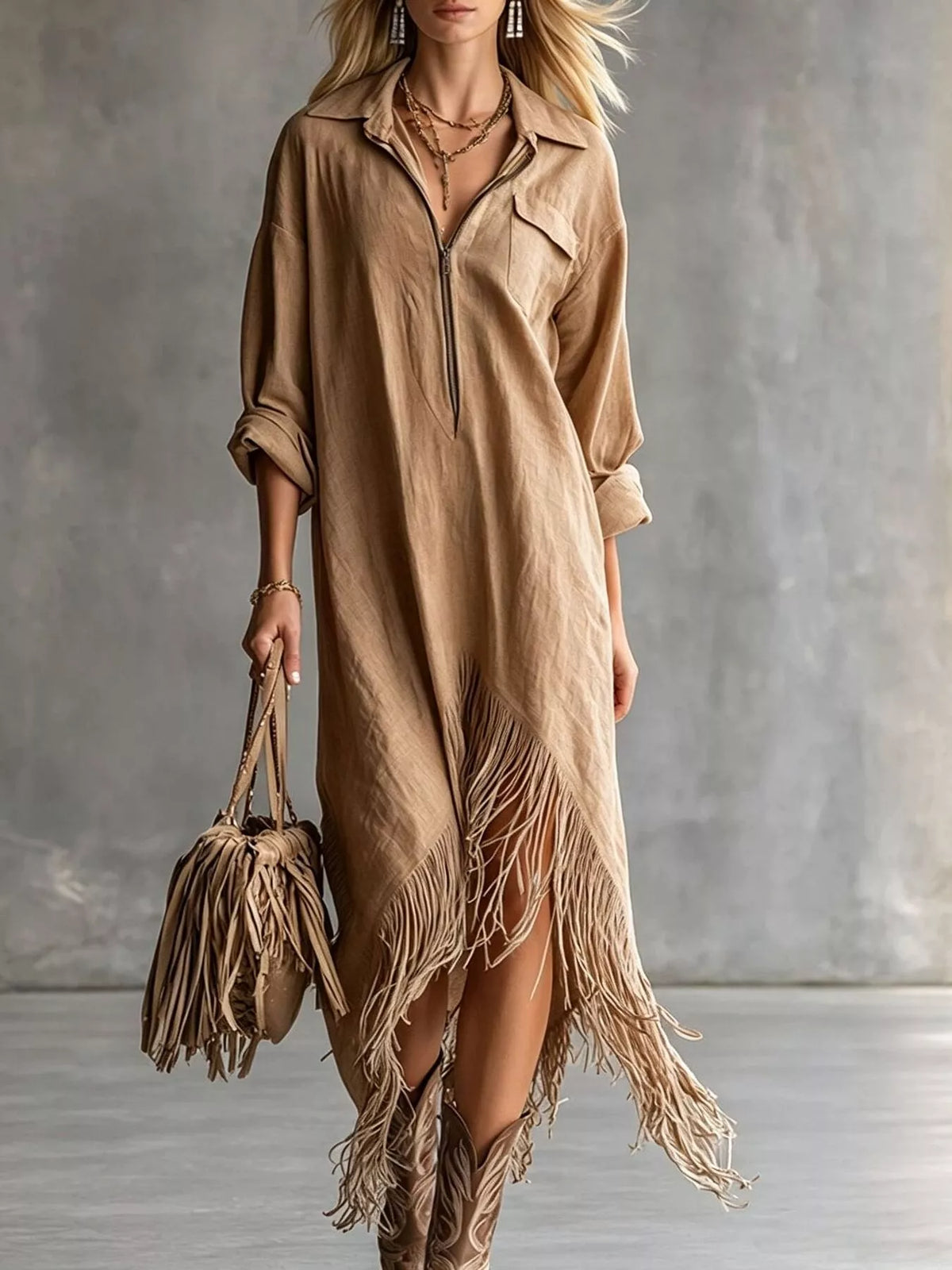 Camel fringe-hem zip-front shirt dress with collar, 3/4 sleeves