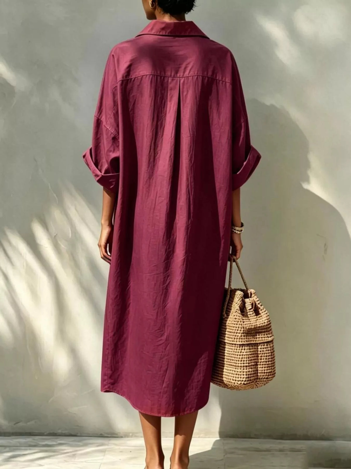 Burgundy shirt dress with pointed collar, button front, mid-calf length