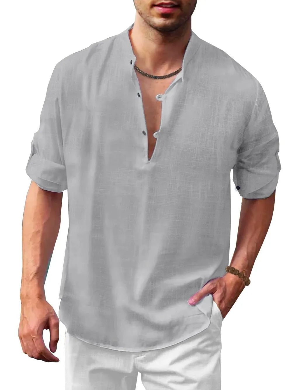 Men's gray half-button long sleeve shirt with split neckline