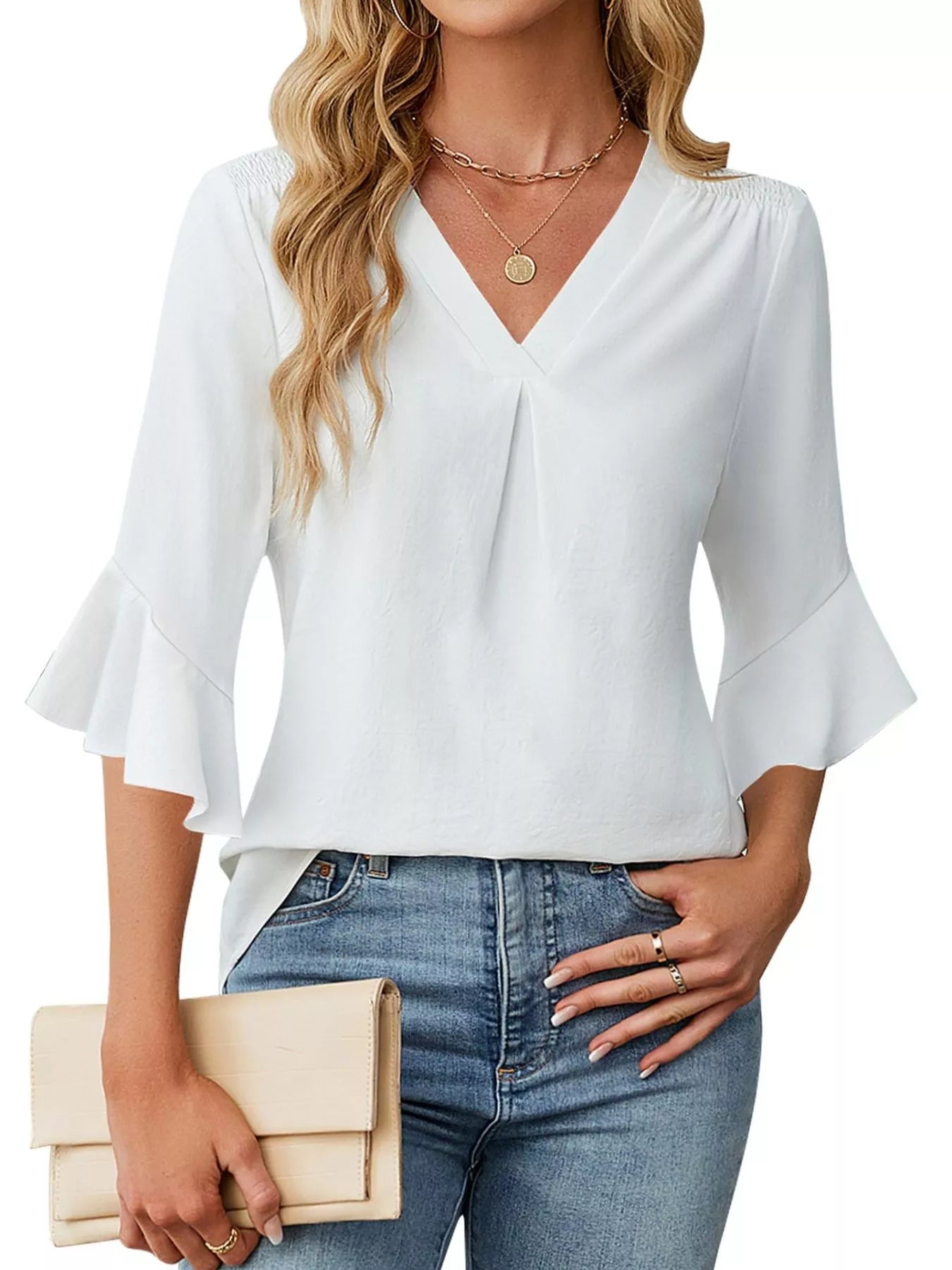 V-Neck Ruffle Sleeve Blouse in white by Trendsi, lightweight top