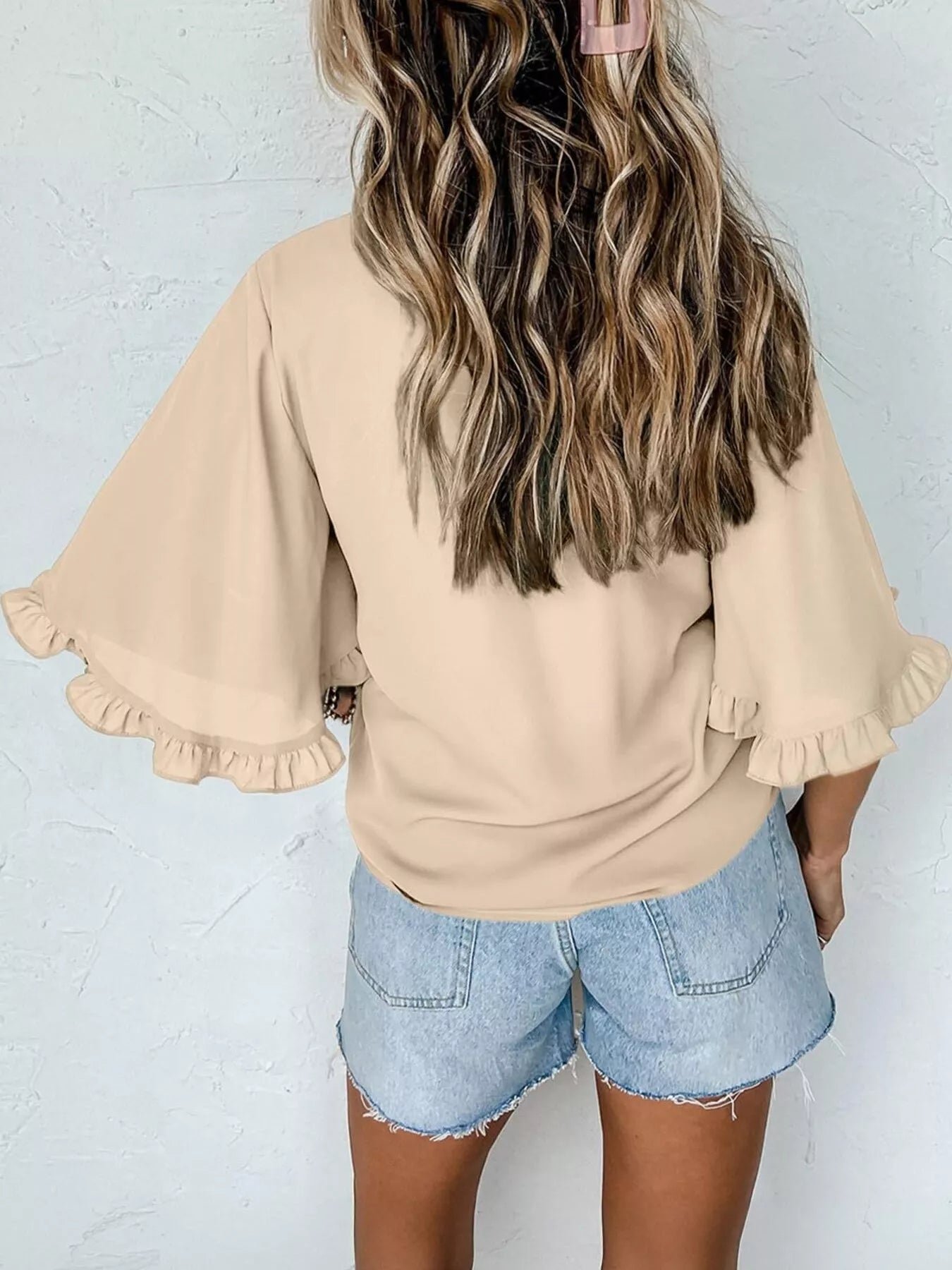 Ruffle Trim Half Sleeve Blouse in beige by Trendsi, non-stretch fabric