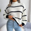 Mock neck striped knit sweater, light gray with black horizontal bands, ribbed cuffs