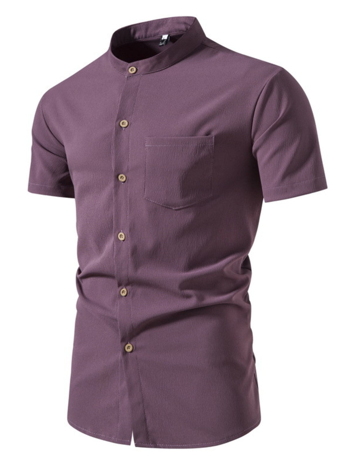 Men's mauve short-sleeve button-up shirt with chest pocket and tan buttons