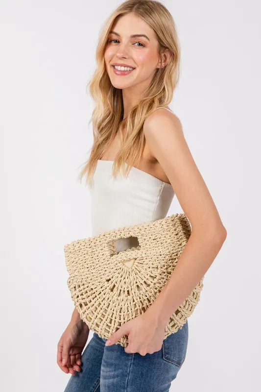 Ivory braided semi-circle tote bag with top cutout detail and shoulder strap