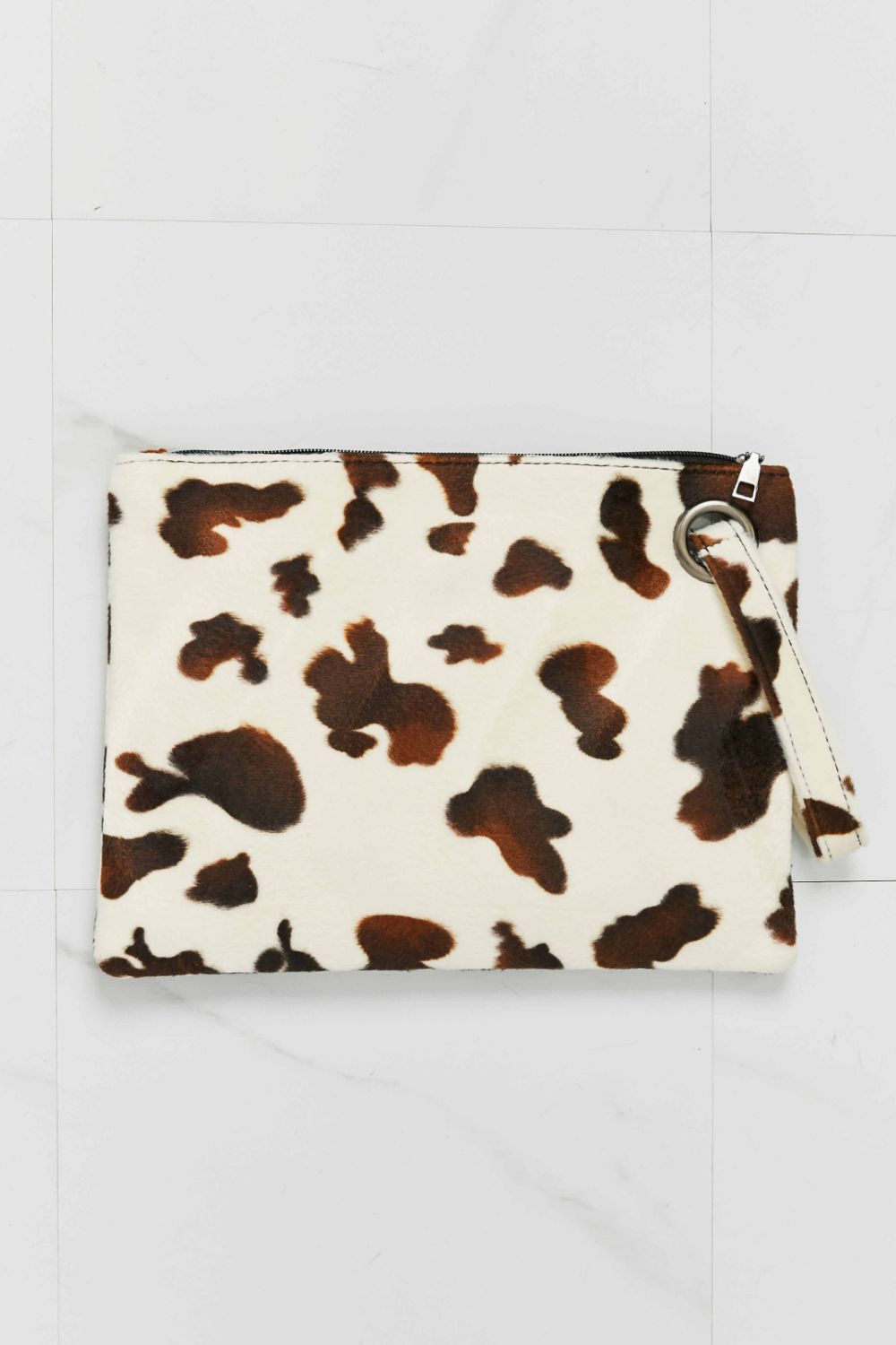 Leopard-print wristlet pouch with keyring strap detail, white with brown spots