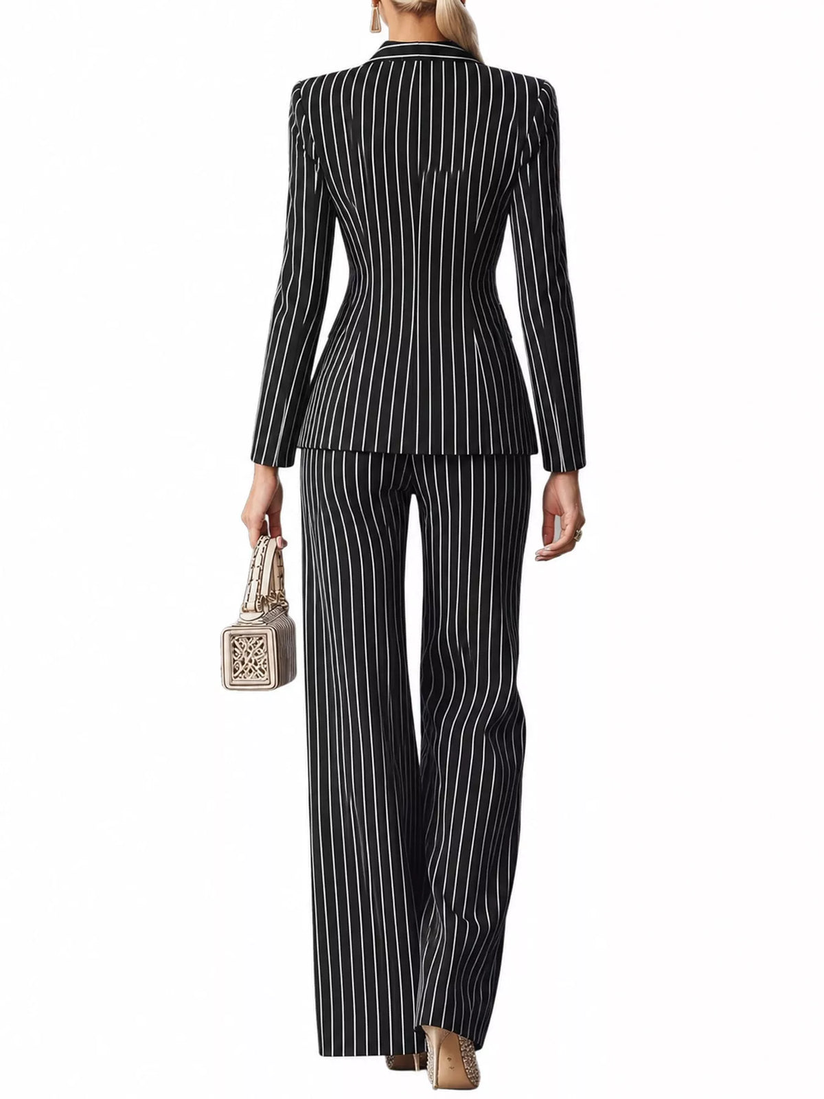Black pinstripe blazer and wide-leg pants set, back view with gold buttons.