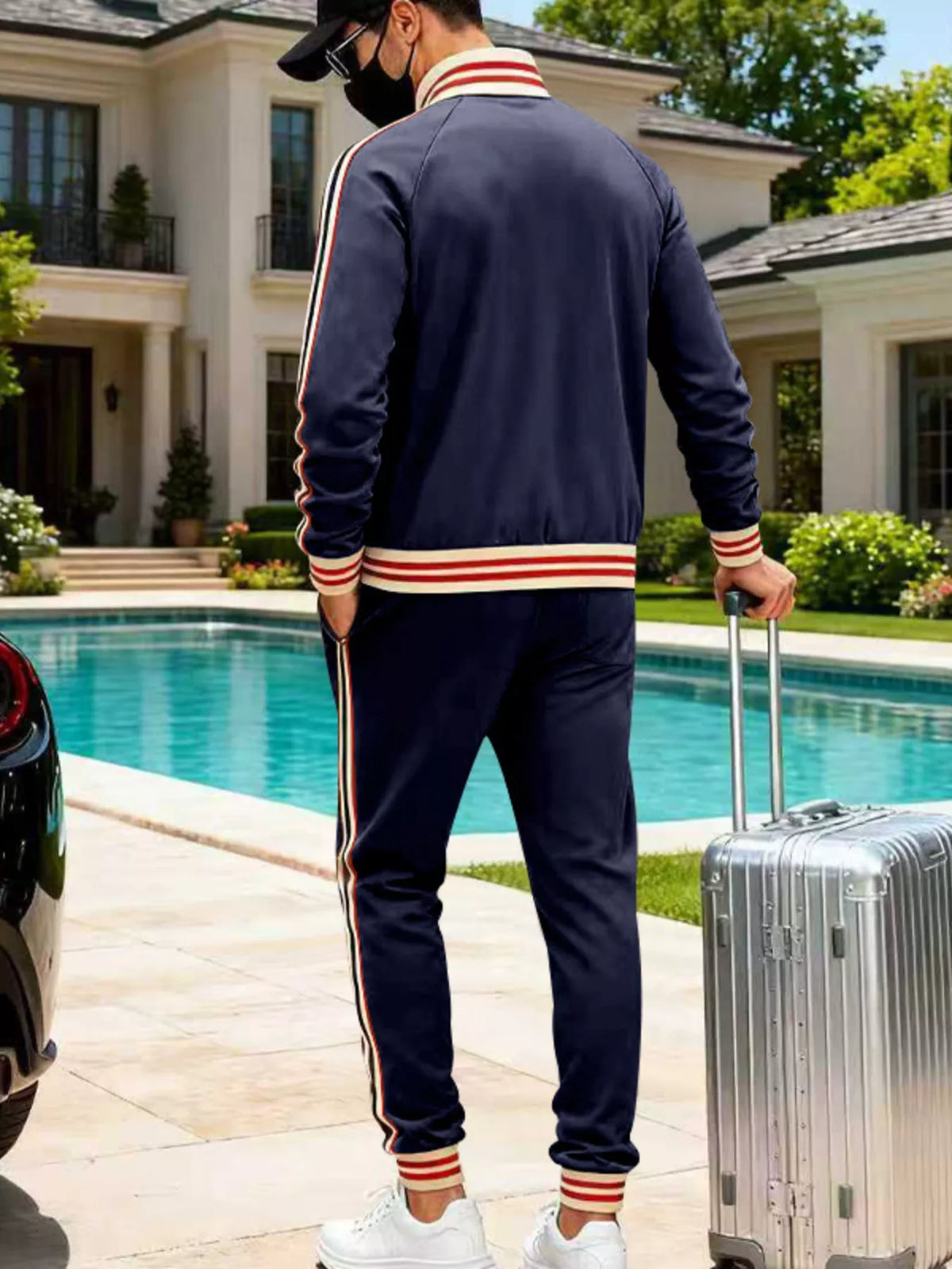 Navy zip-up tracksuit jacket and striped track pants set, back view with cuffs