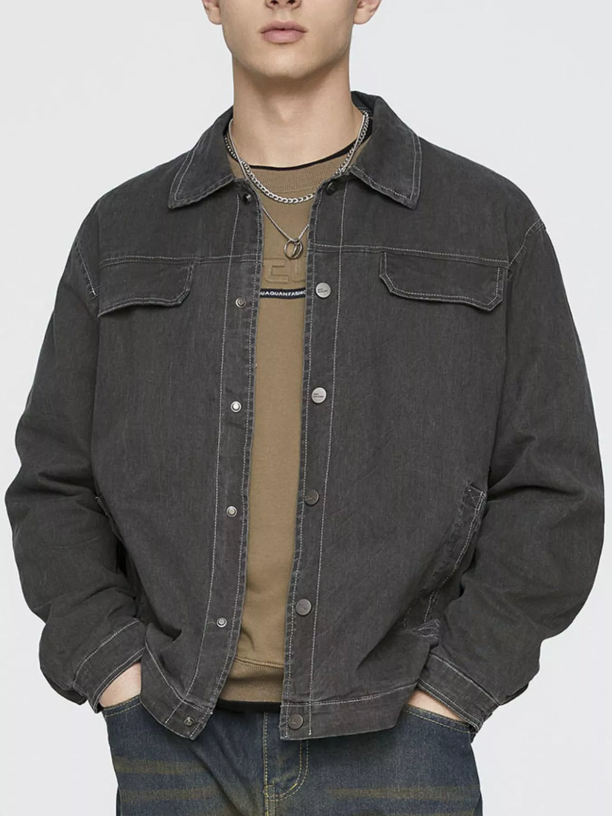 Men's gray cotton button-up jacket with stand collar and relaxed fit, snap buttons