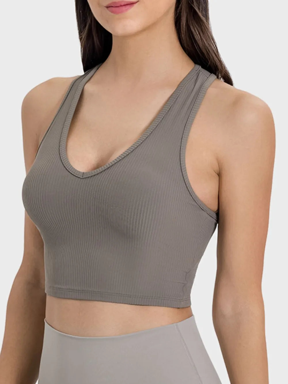 Scoop neck wide-strap active tank, heather gray ribbed knit side view