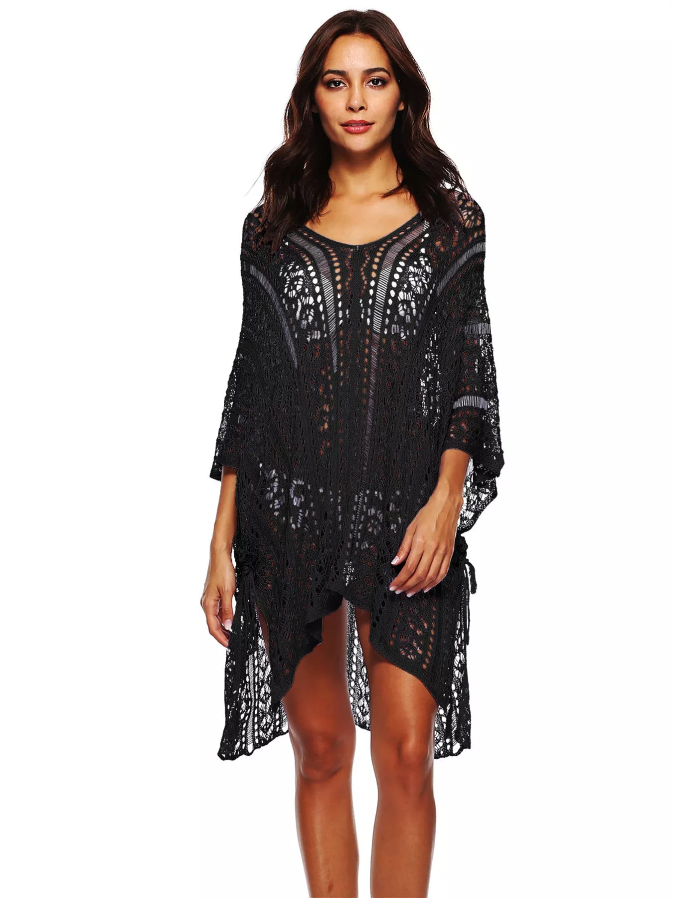 Black crochet knit V-neck cover-up with openwork lace pattern and uneven hem
